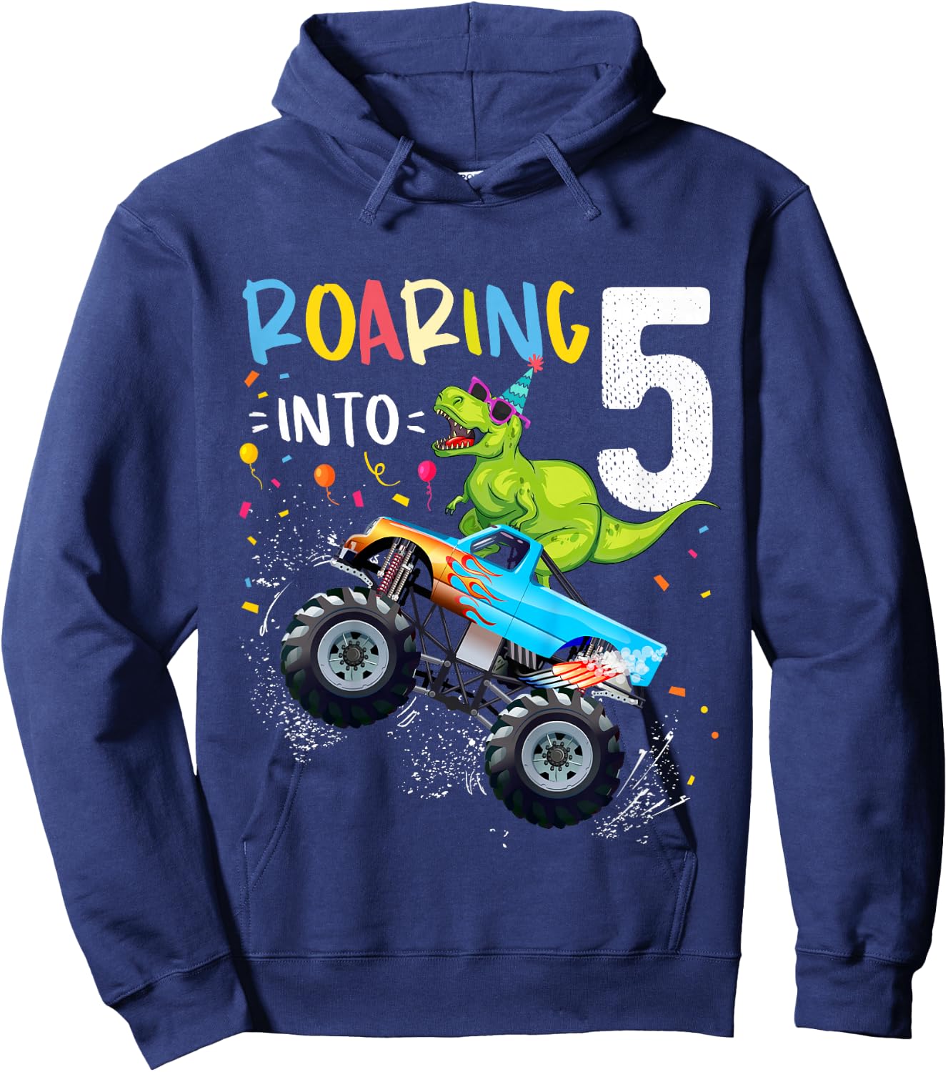 5th Birthday T Rex Dinosaur Monster Truck Boys and Girls Hoodie - Hoodie | Navy