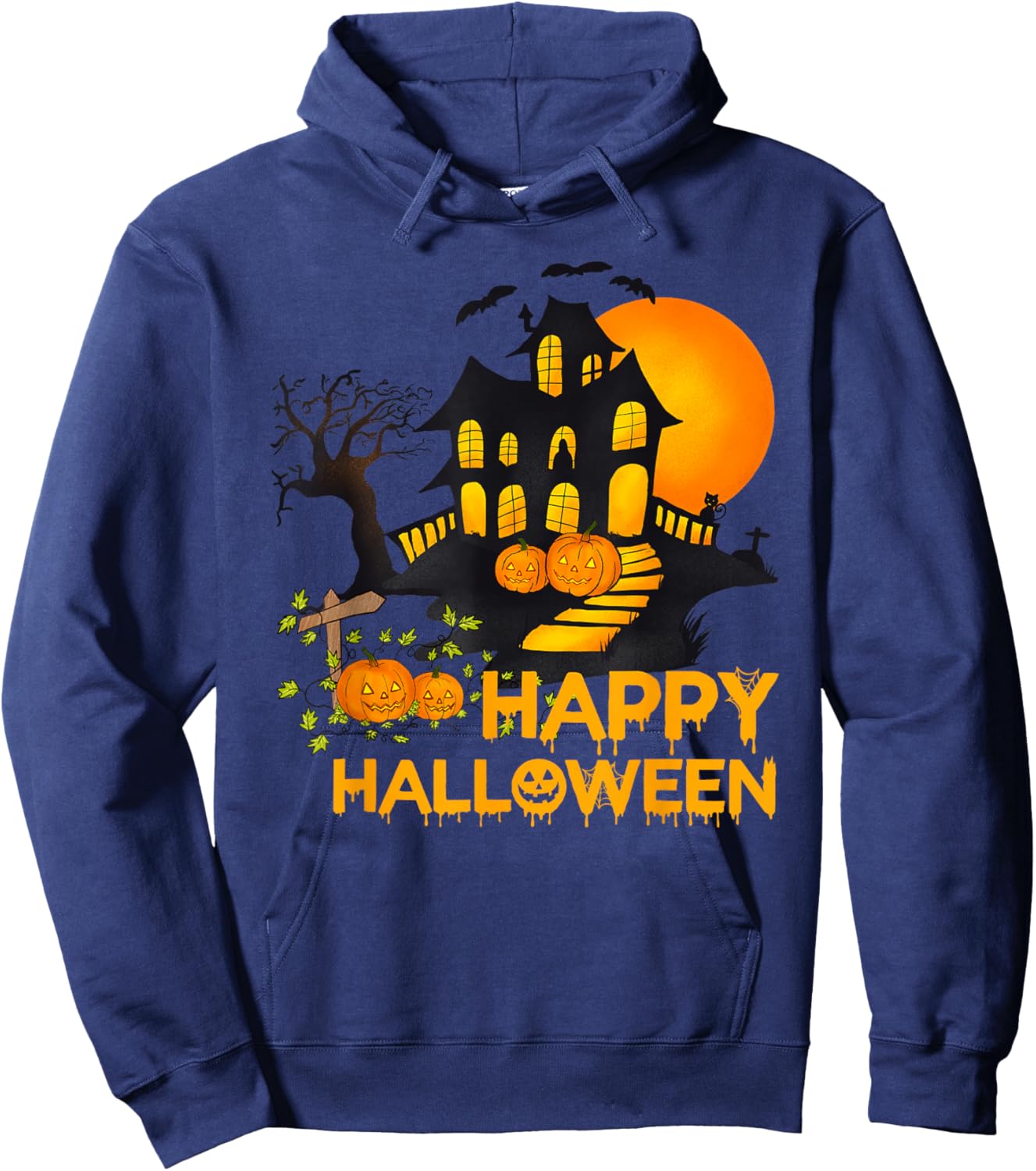 Happy Halloween Spooky Pumpkin Haunted House Men Women Kids Hoodie - Hoodie | Navy
