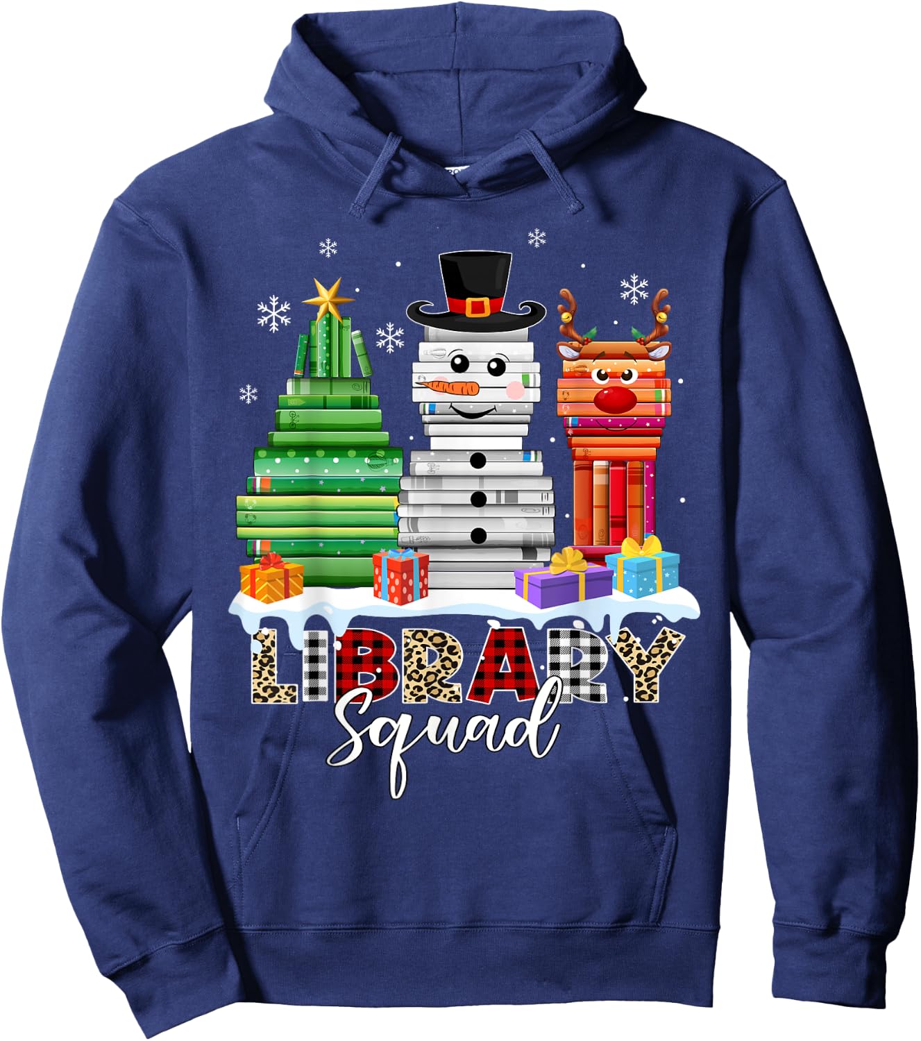 Christmas Librarian Books Xmas Tree Snowman Reindeer Library Hoodie - Hoodie | Navy