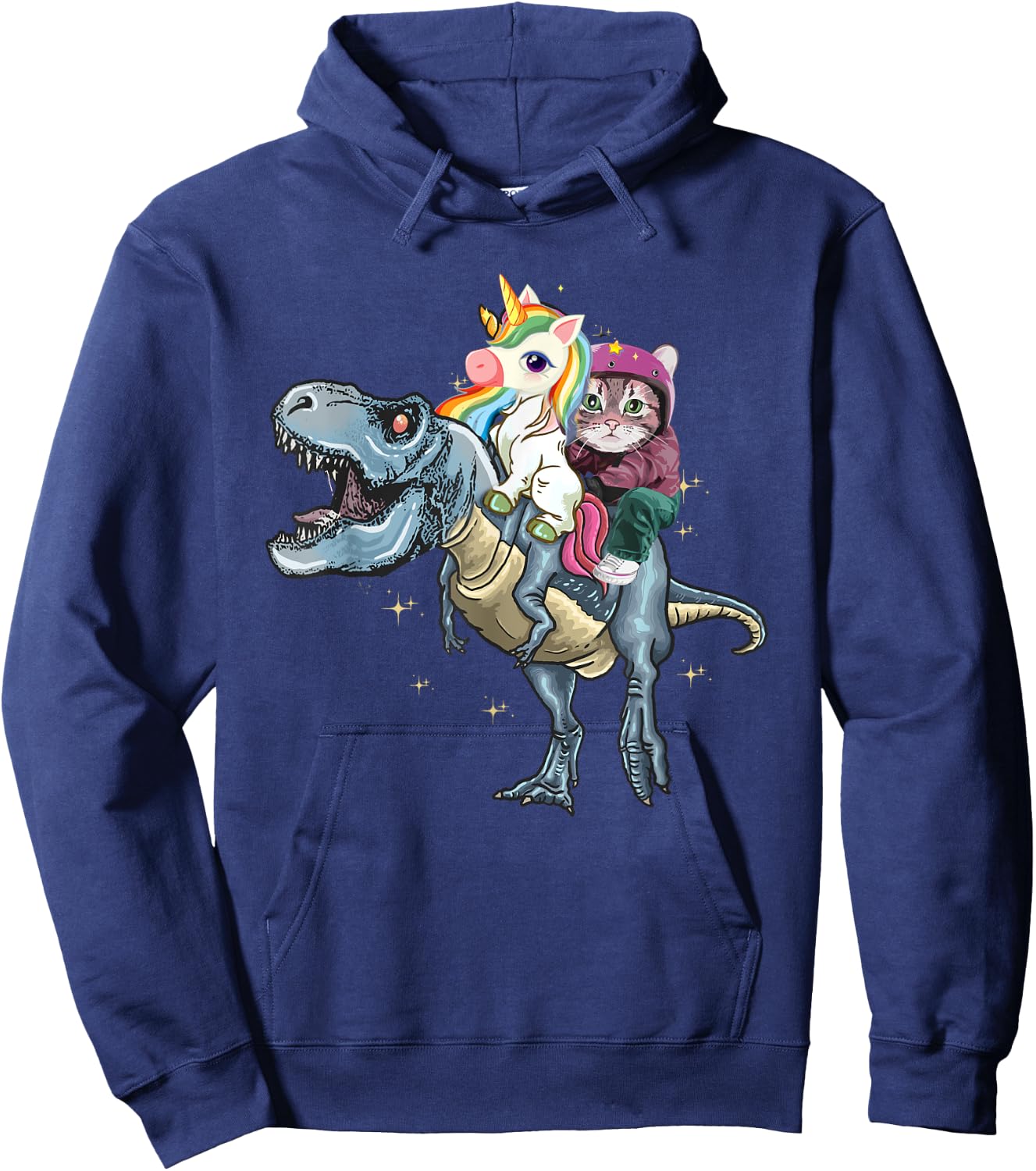 T-Rex Dinosaur Riding Unicorn Rainbow Funny Cat Lover Hoodie - Hoodie | Navy