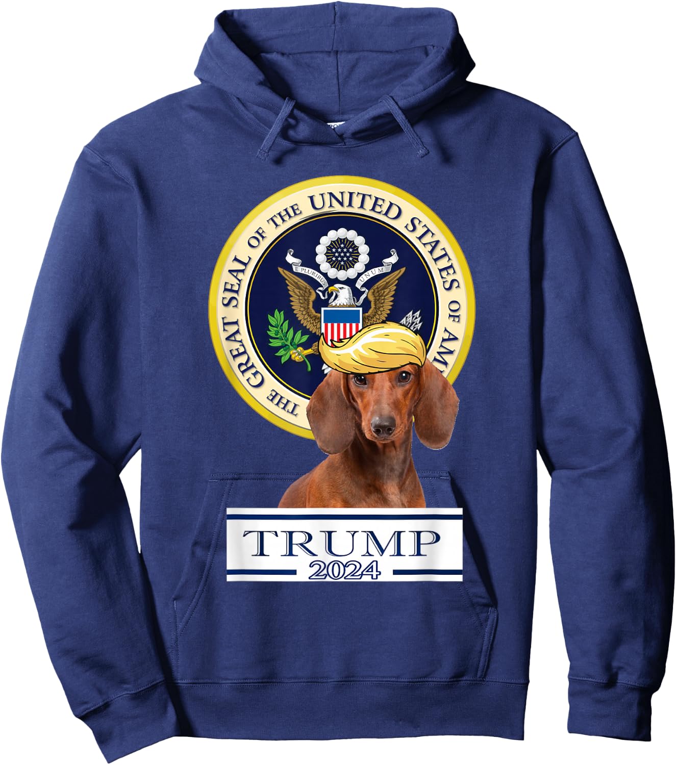 Trump 2024 Dog Trump 2024 Dachshund , Adult , Grey, Short Sleeve, 3XL, Regular Fit, Cotton/Polyester Blend Hoodie - Hoodie | Navy