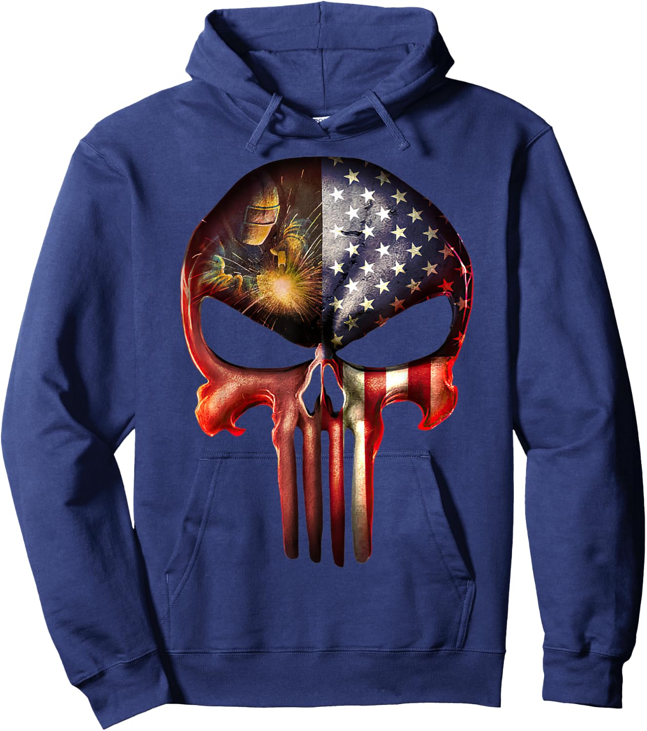 Welder American Flag Black Skull Patriotic Men's Hoodie - Hoodie | Navy