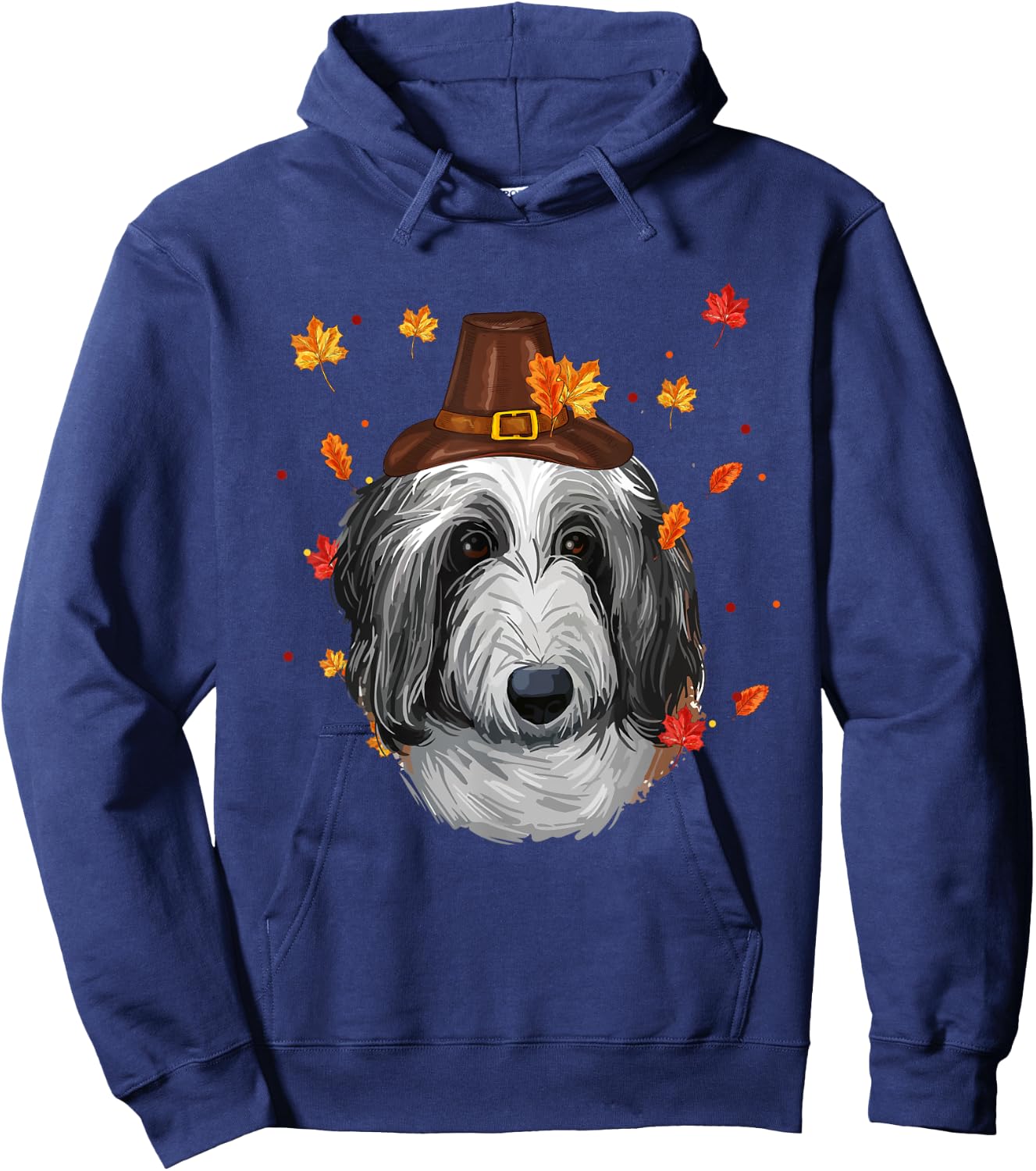 English Sheepdog Dog Pilgrim Hat Fall Happy Thanksgiving Day Women Girls Kids Hoodie - Hoodie | Navy