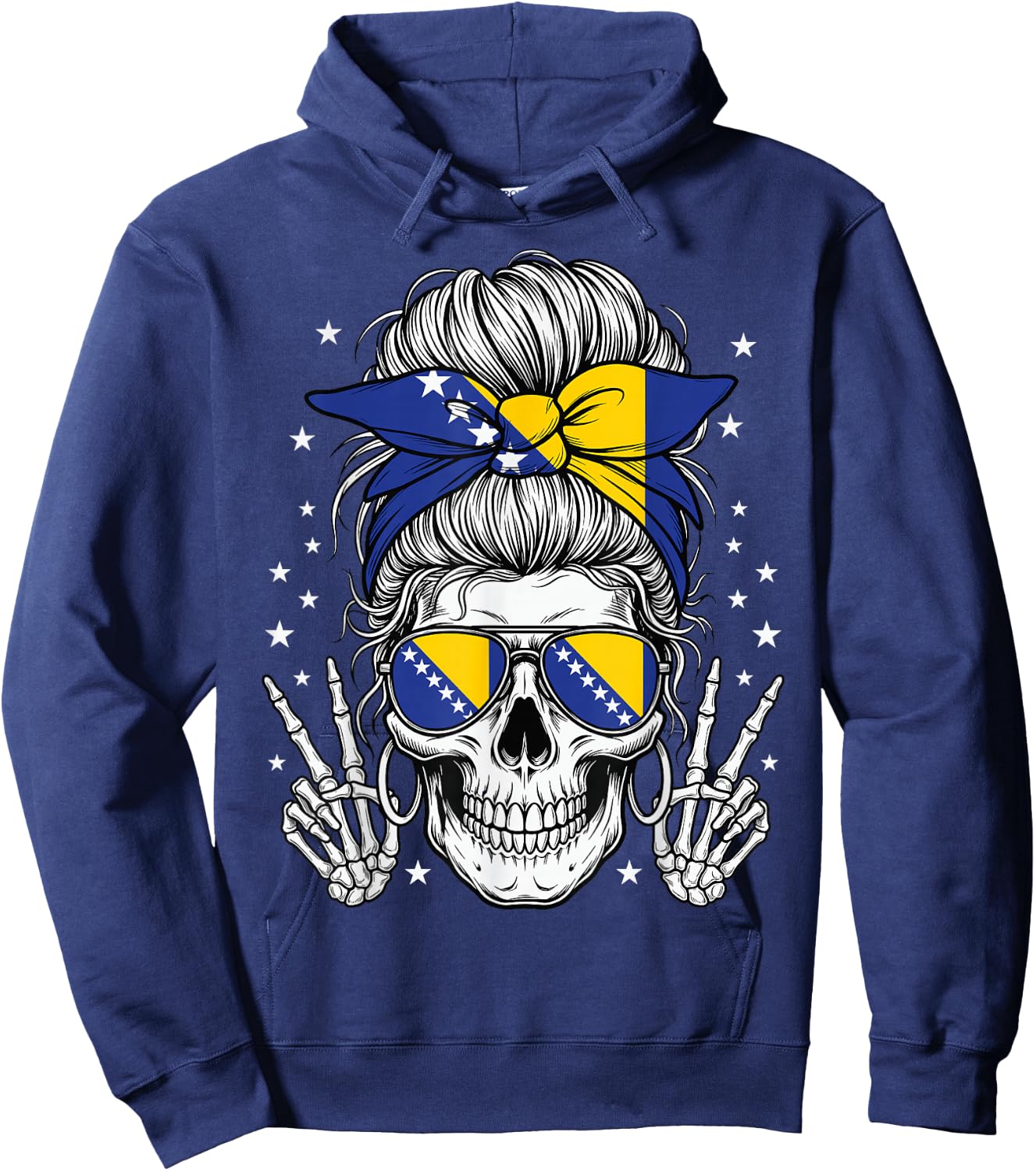 Bosnia and Herzegovina Flag Skull Messy Bun Bosnian Girl Hoodie - Hoodie | Navy