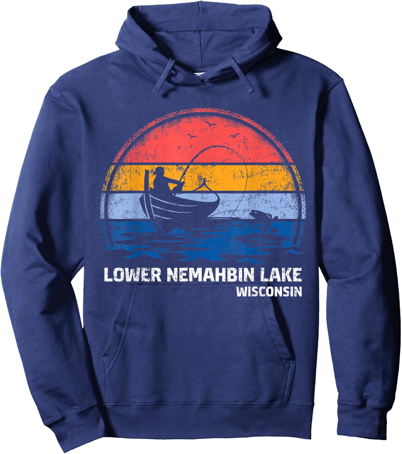 Vintage Retro Wisconsin Lower Nemahbin Lake Summer Fishing Hoodie - Hoodie | Navy