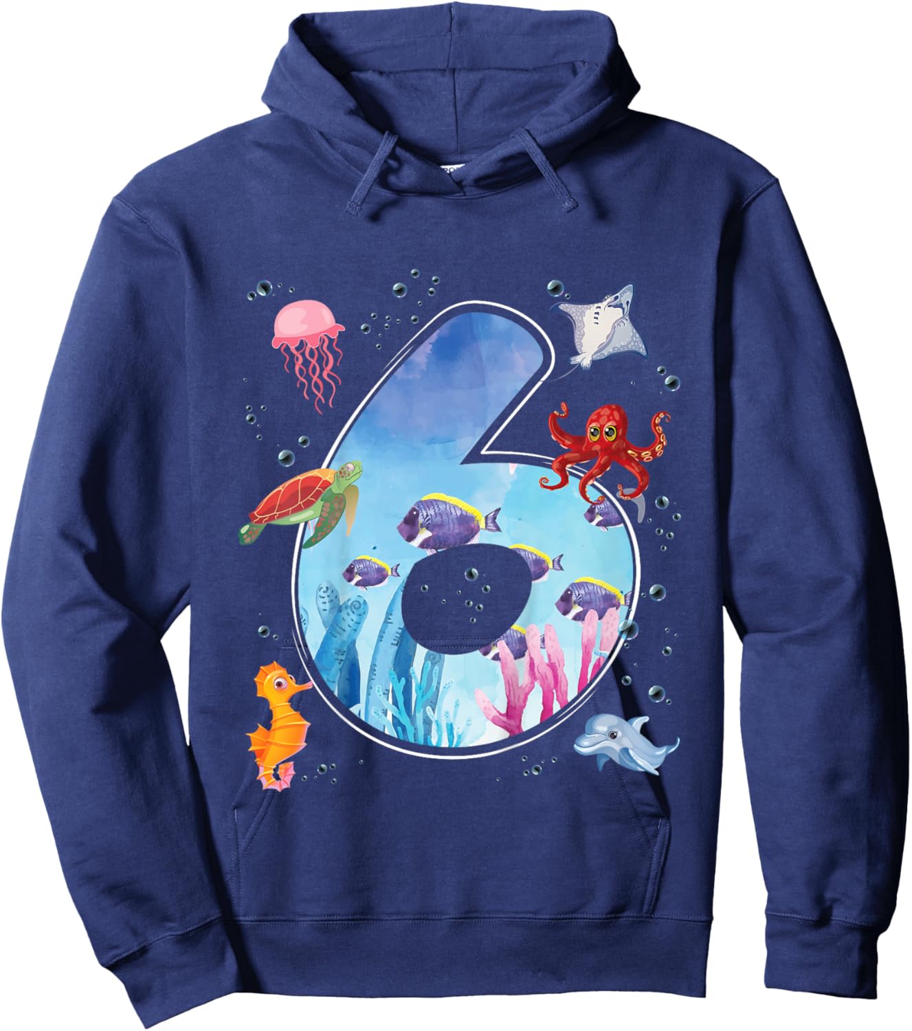 Kids 6th Birthday Party Ocean 6 Year Old Sea Fish Aquarium Boy Hoodie - Hoodie | Navy