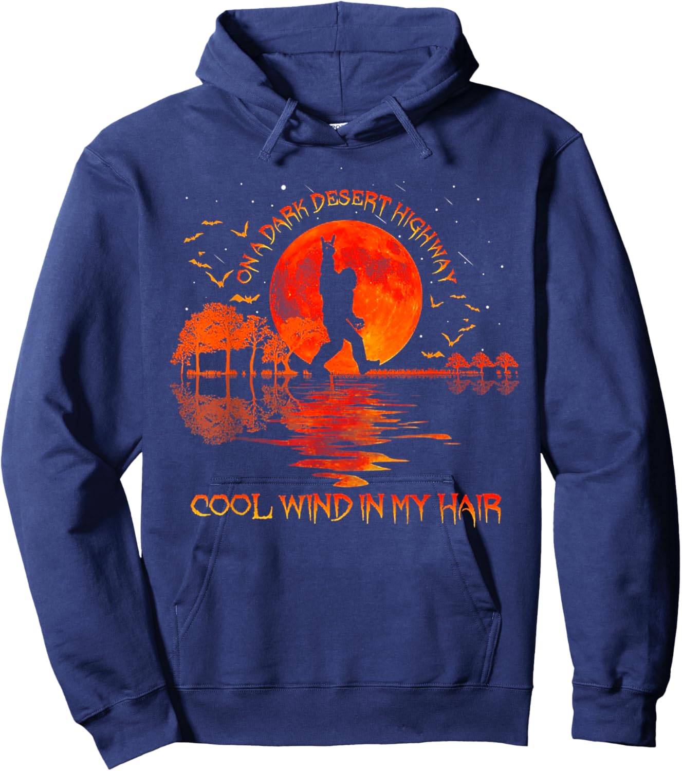 Bigfoot On A Dark Desert Highway Hand Rock And Roll Hoodie - Hoodie | Navy