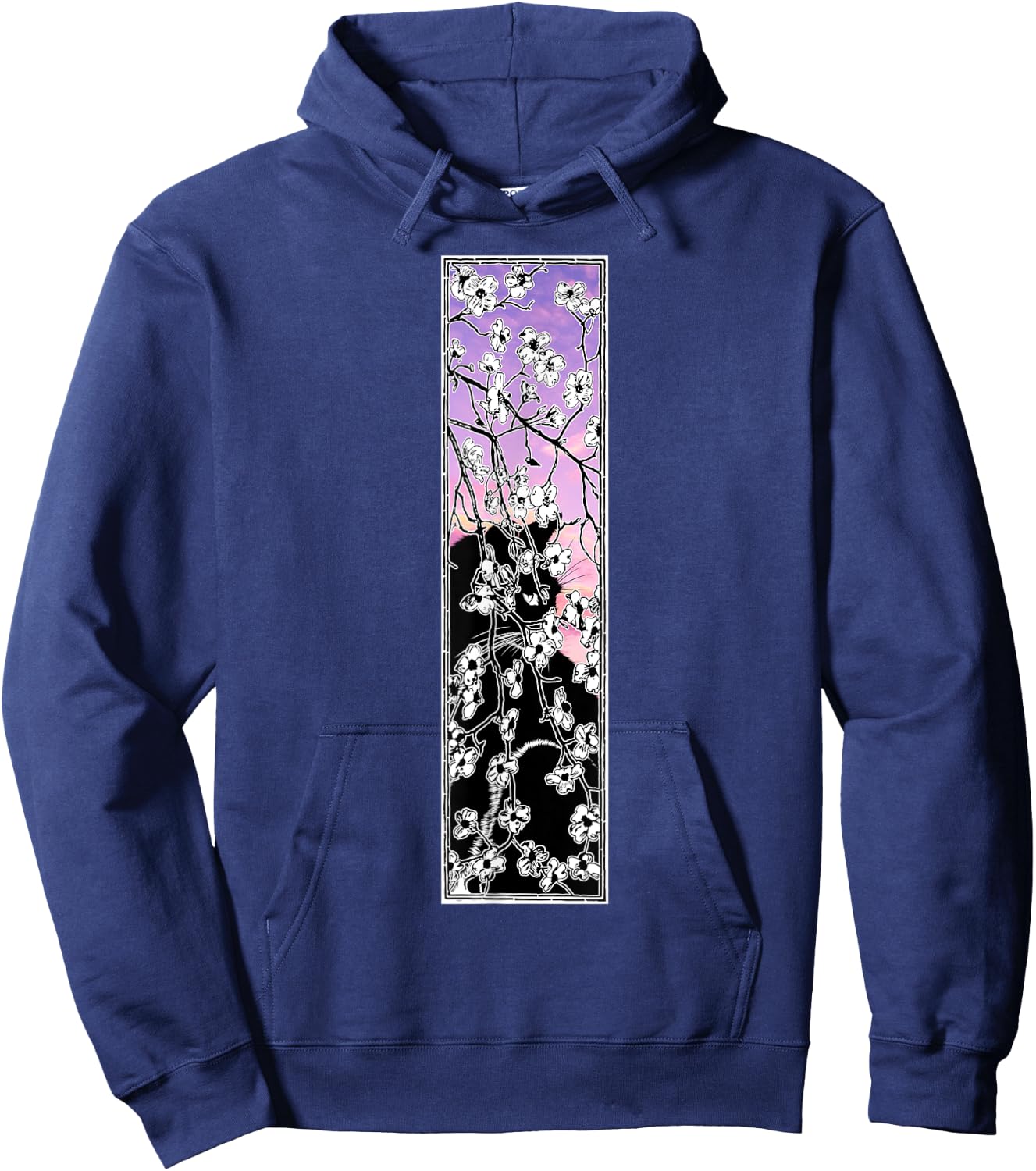 Cherry Blossom flowers pattern Cat Black Pink Sky Sunset Hoodie - Hoodie | Navy