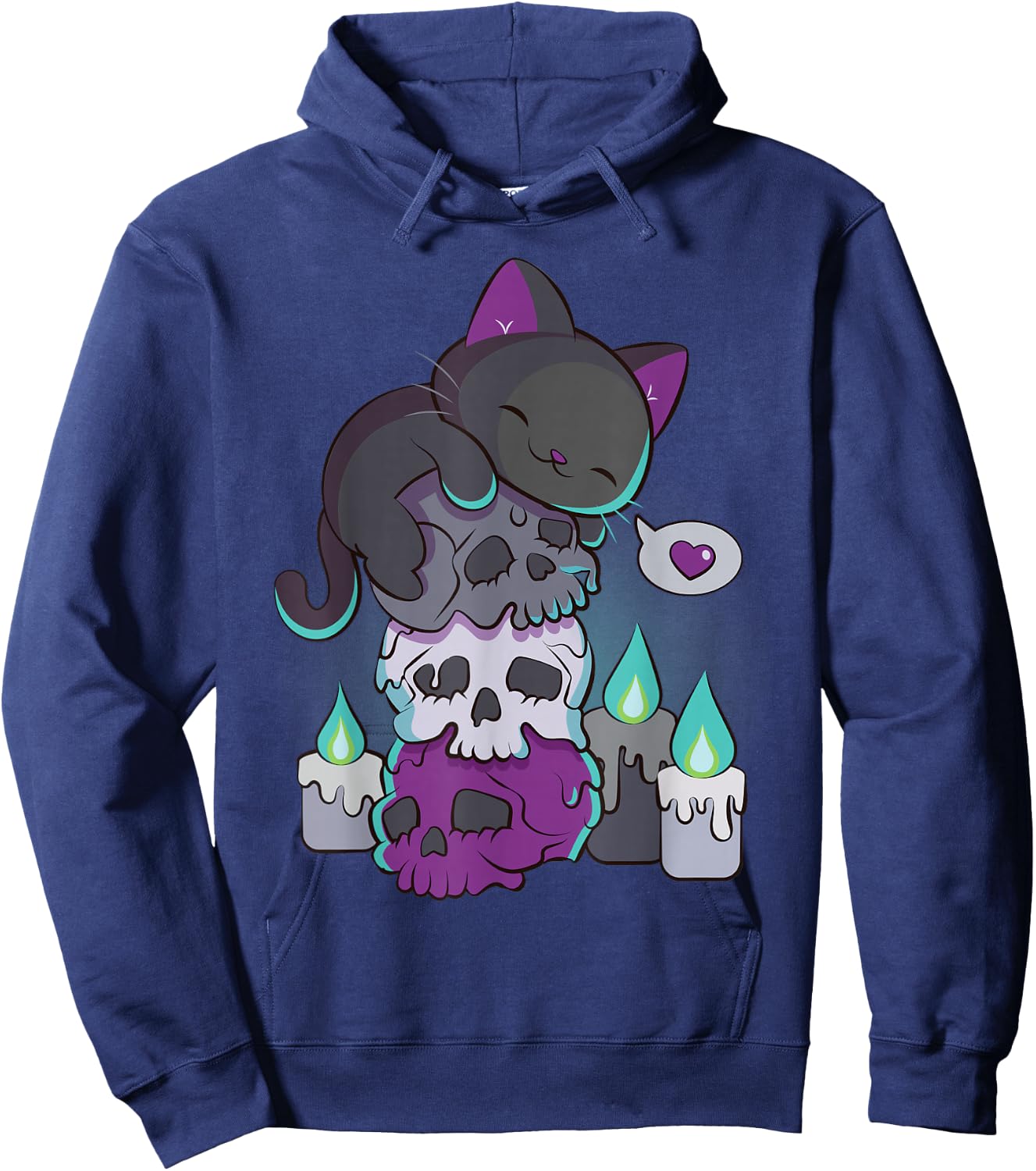 Asexual Pride Cute Black Cat on Skulls Kawaii Goth Aesthetic Hoodie - Hoodie | Navy