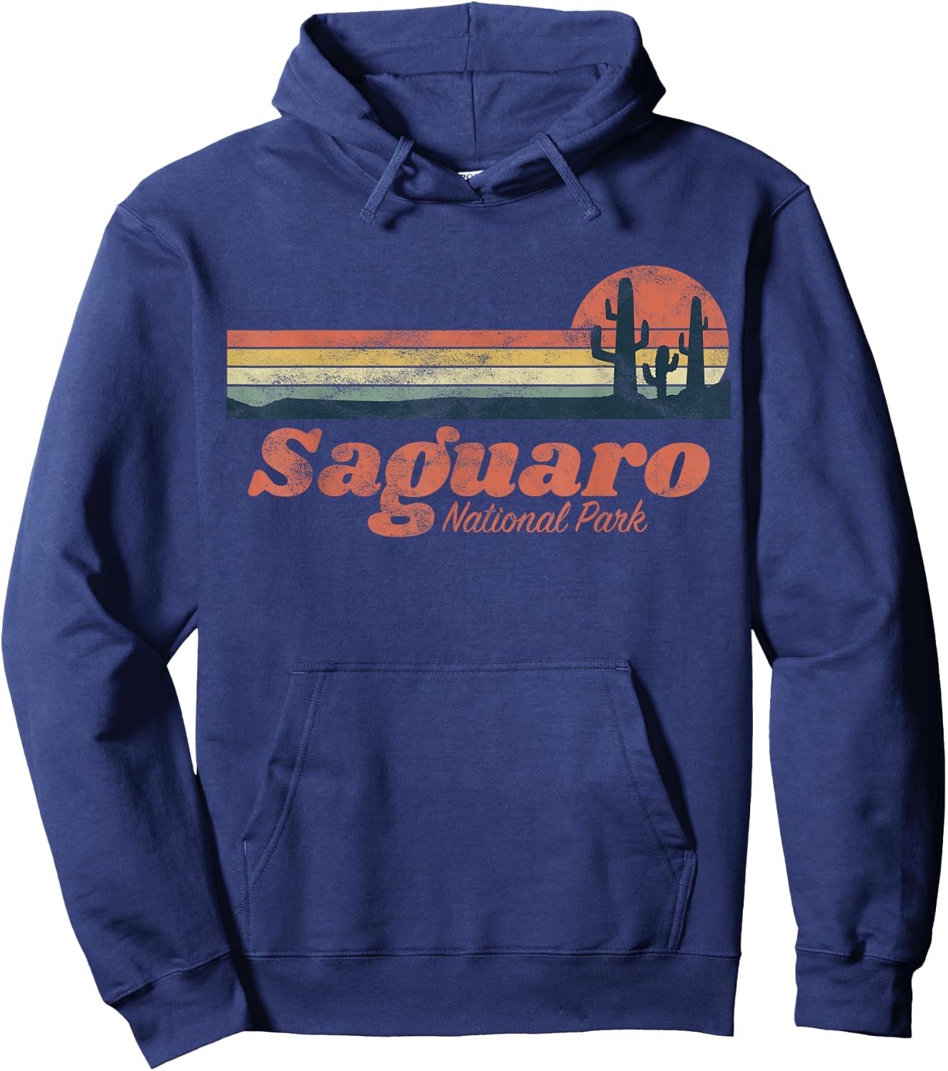 Retro Saguaro National Park Vintage Vibe Chest Stripe Cactus Hoodie - Hoodie | Navy