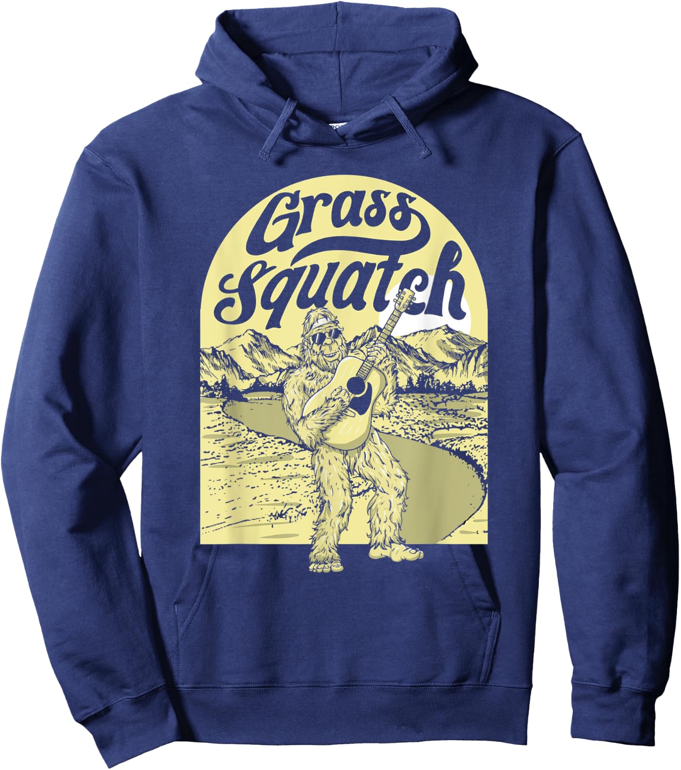 Grass Squatch Funny Acoustic Guitar Bigfoot Bluegrass Hoodie - Hoodie | Navy