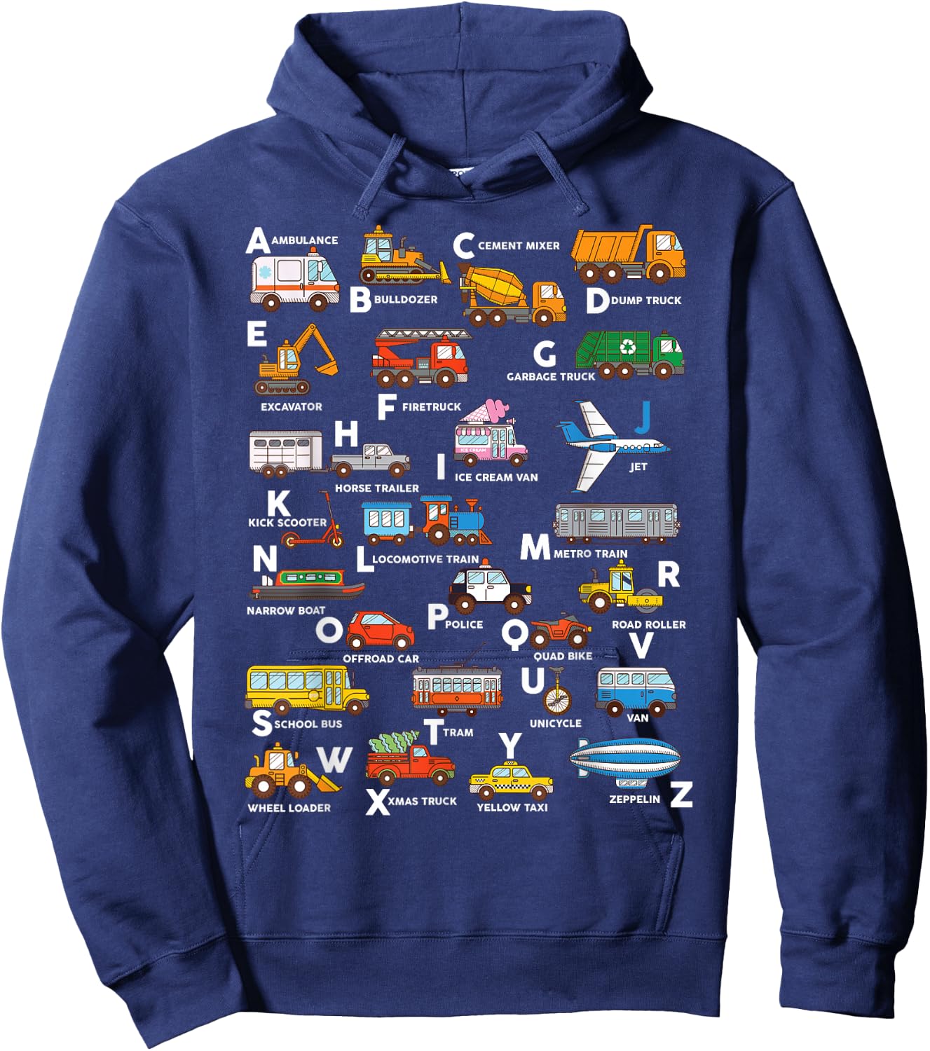 Alphabet Vehicles ABCs Learning Teachers Kids Boys Girls Hoodie - Hoodie | Navy
