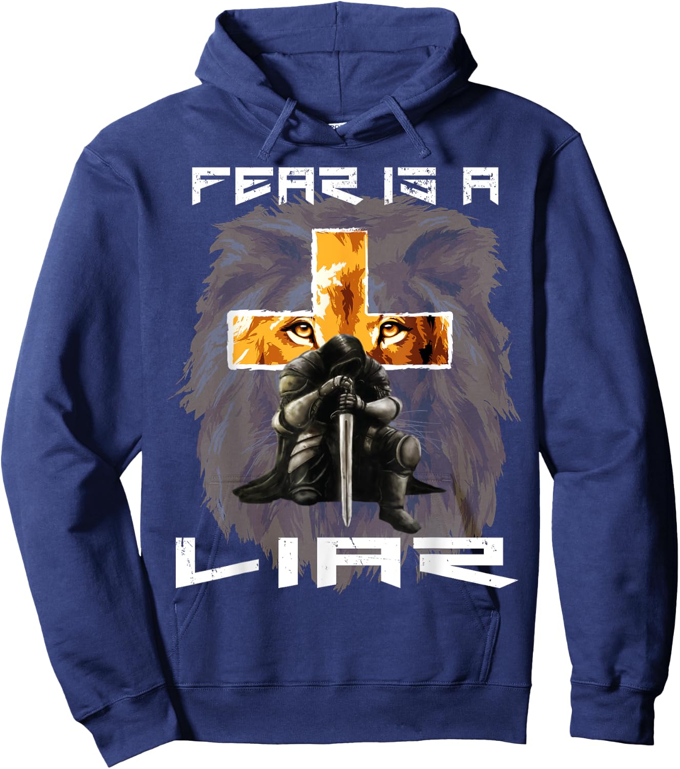 Fear Is a Liar Lion Judah Christian Religious Cross Graphic Hoodie - Hoodie | Navy