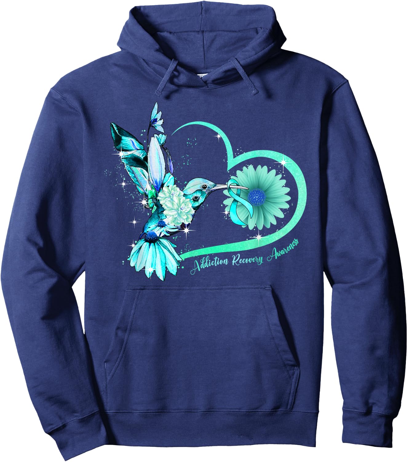 Hummingbird Sunflower Heart Teal Ribbon Addiction Recovery Hoodie - Hoodie | Navy