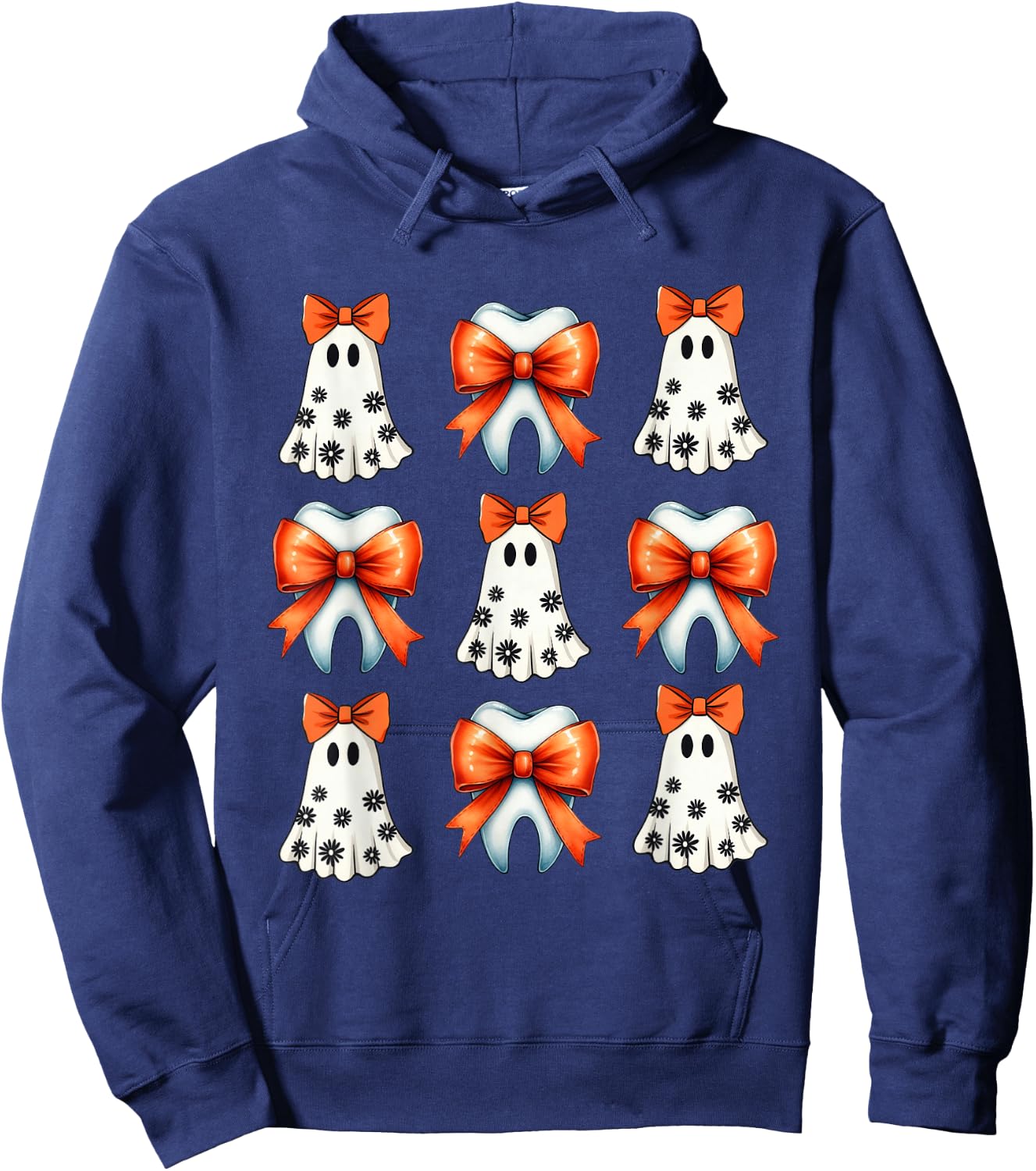 Coquette Tooth Ghost Groovy Retro Halloween Cute Dentist Hoodie - Hoodie | Navy