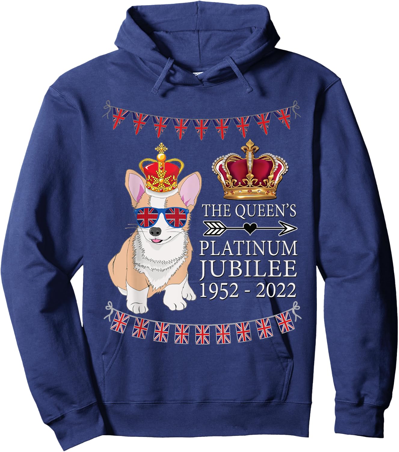 British Queen Platinum Jubilee Souvenir Union Jack Corgi Hoodie - Hoodie | Navy
