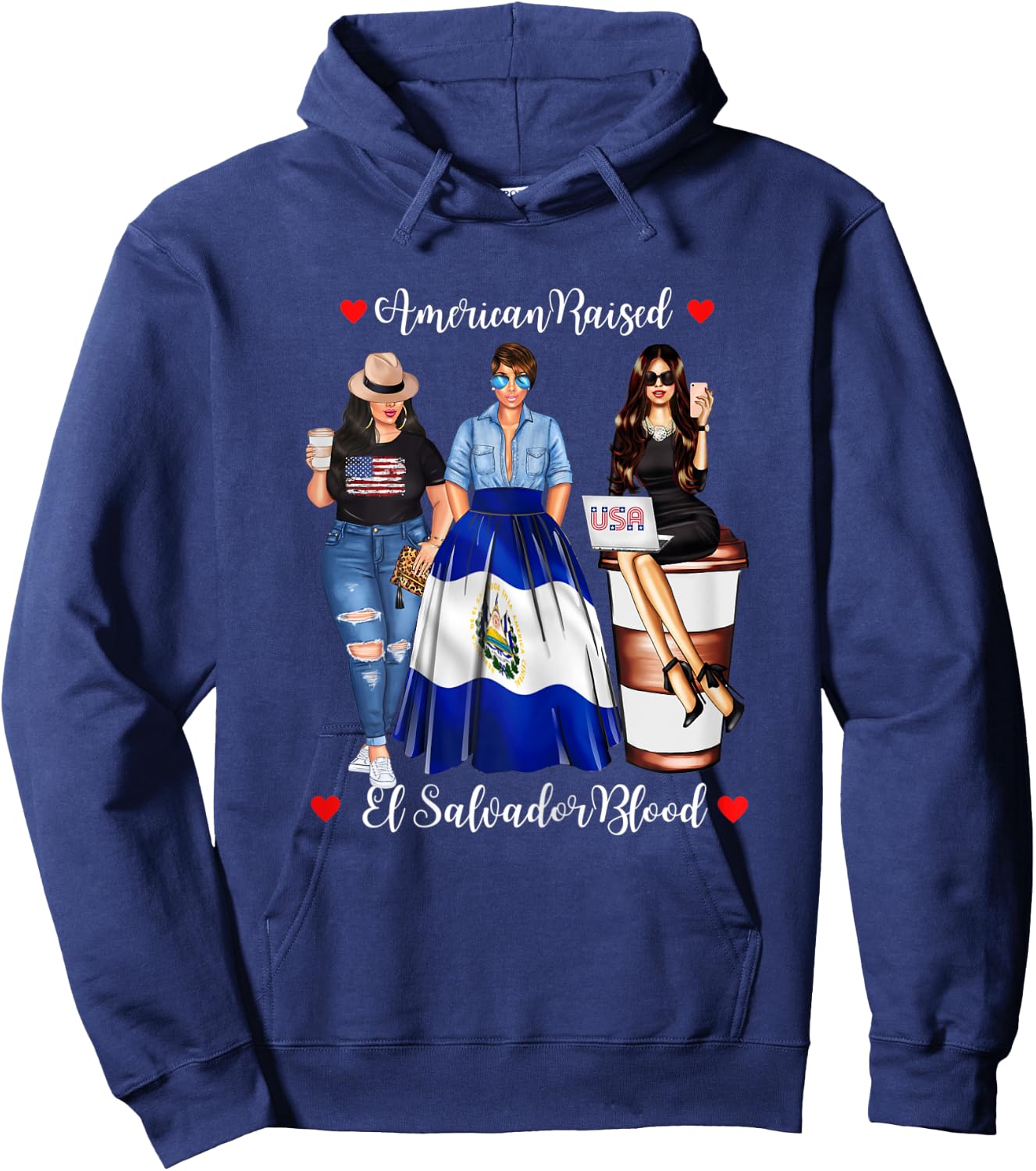 American Raised El Salvador Blood USA Flag San Salvadorian Hoodie - Hoodie | Navy