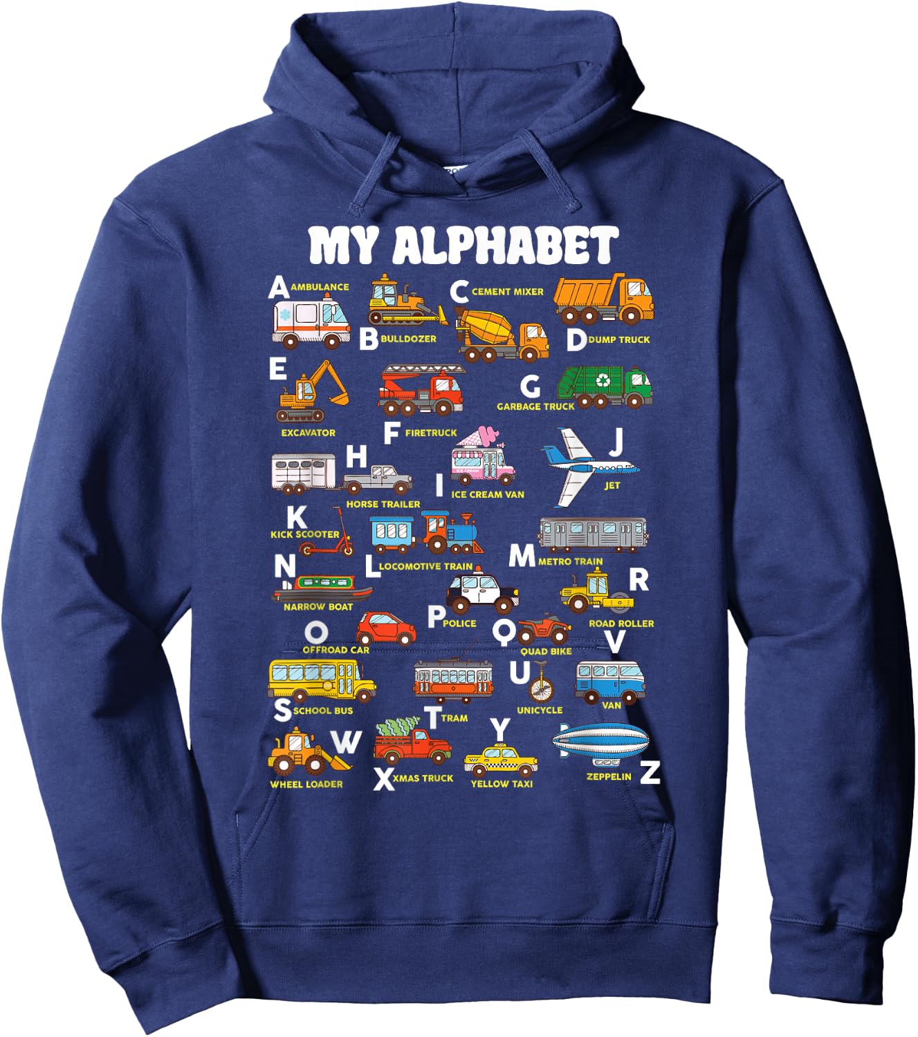 Alphabet Transport Learning ABC Car Bus Truck Educational Hoodie - Hoodie | Navy