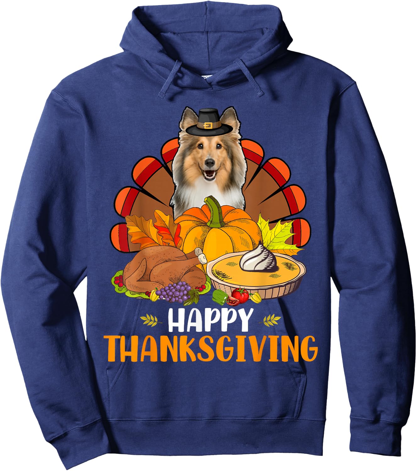 Thanksgiving Turkey Sheltie Dog Eating Dinner Family Lover Hoodie - Hoodie | Navy