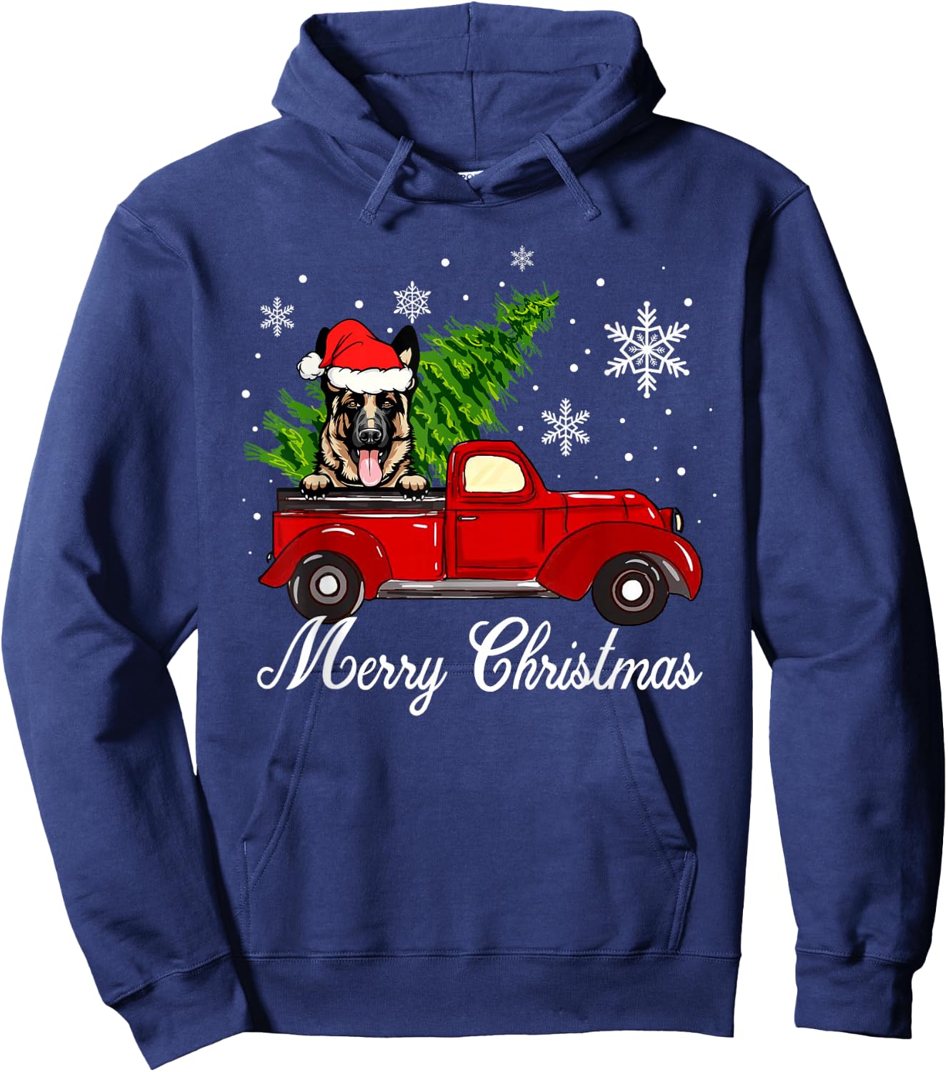 German Shepherd Dog Riding Red Truck Christmas Decorations Hoodie - Hoodie | Navy
