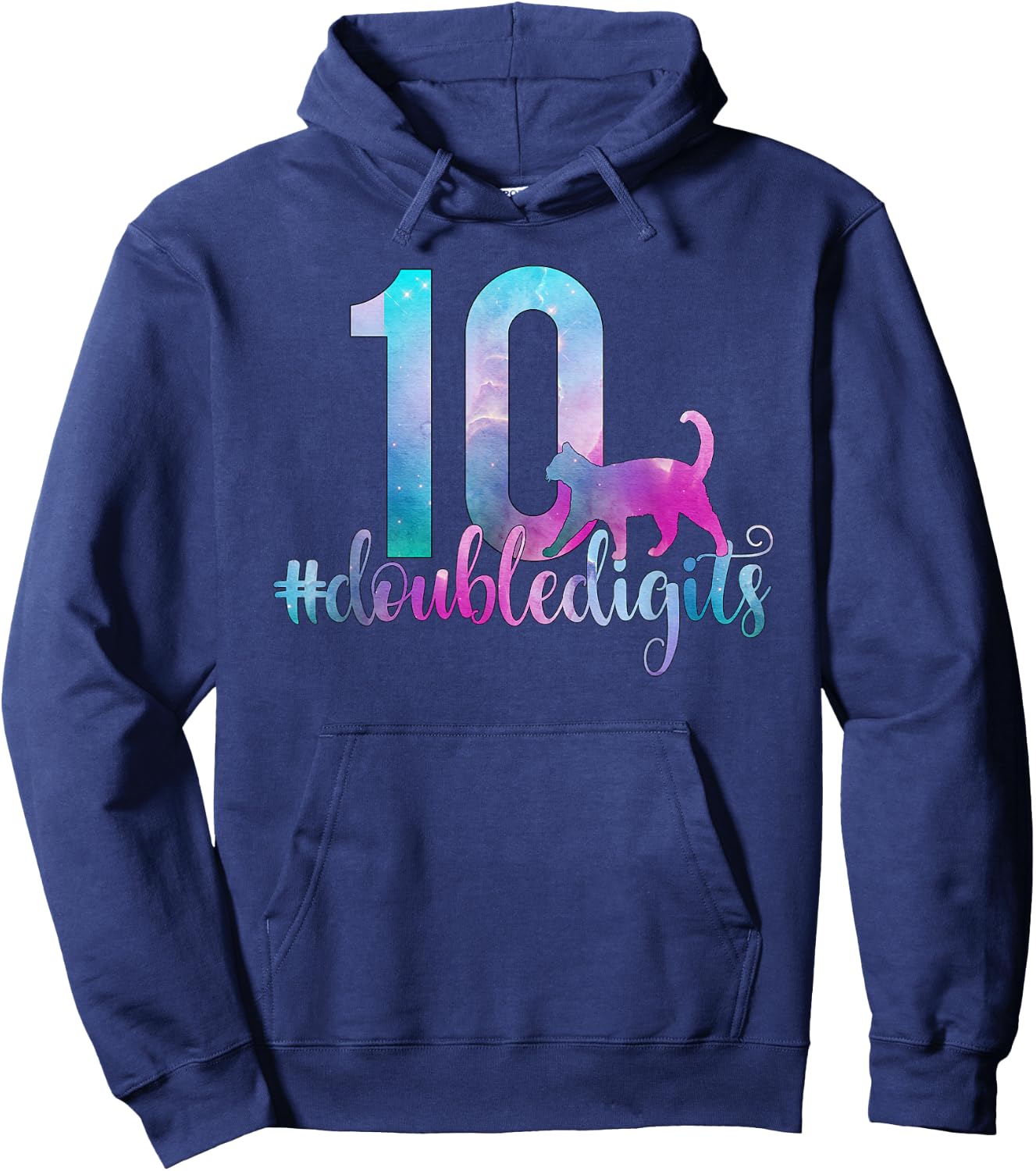 10th Birthday Girl Double Digits Girls Ten 10 Galaxy Cat Hoodie - Hoodie | Navy