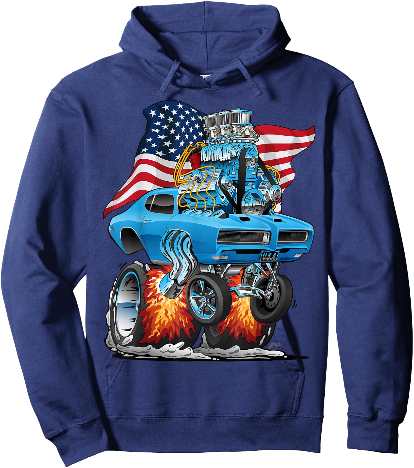 Patriotic 60s Muscle Car Funny Dragster USA Hotrod Cartoon Hoodie - Hoodie | Navy