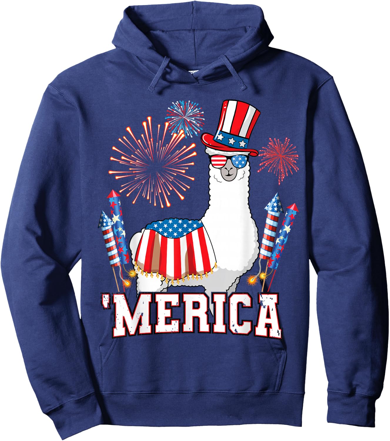 Patriotic Llama Merica Funny 4th of July Fireworks Hoodie - Hoodie | Navy