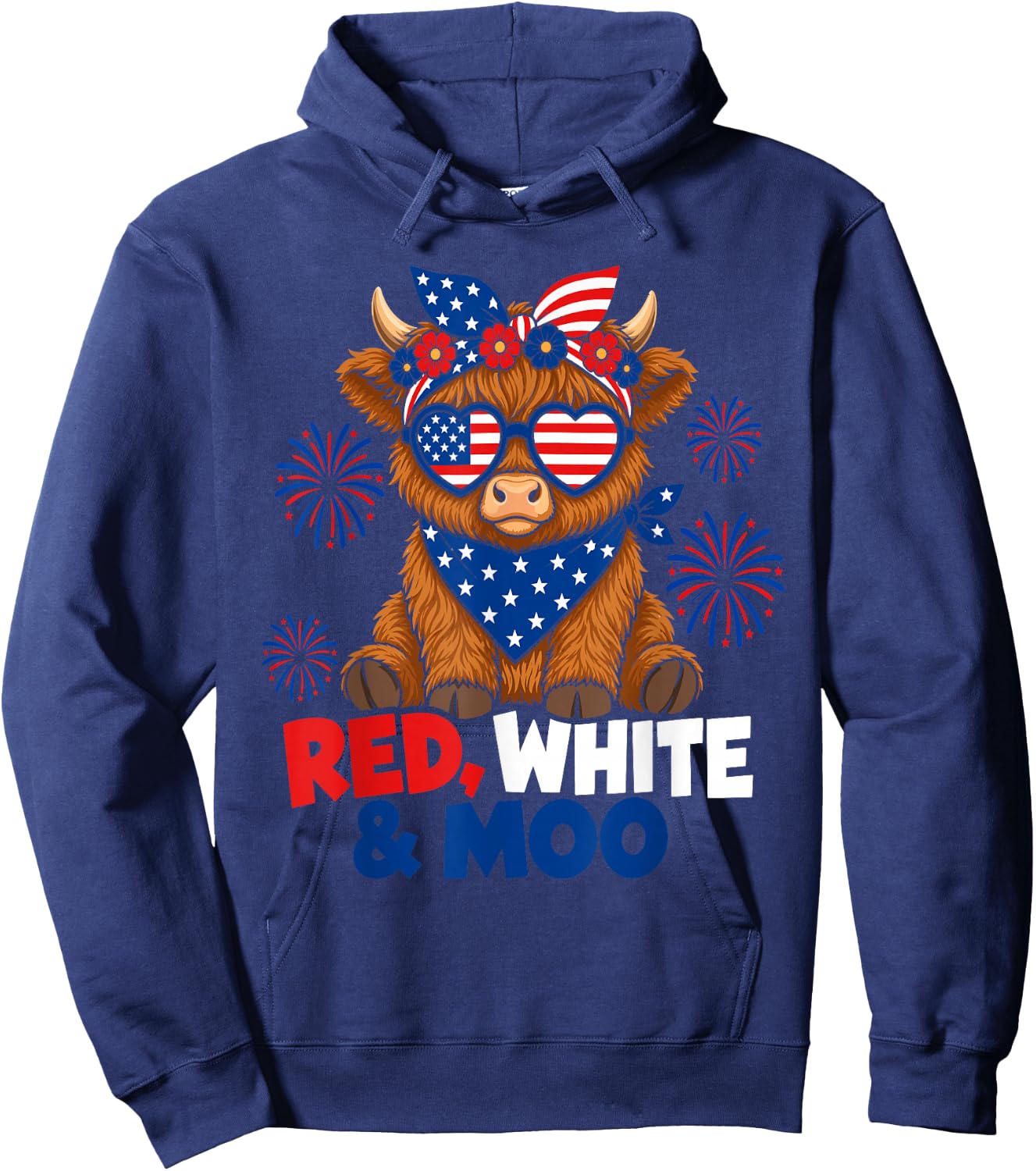 Patriotic Moo Highland Cow Fourth of July American Flag Star Hoodie - Hoodie | Navy