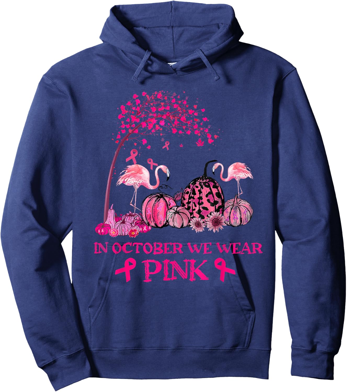 In October We Wear Pink Flamingo Breast Cancer Awareness Hoodie - Hoodie | Navy