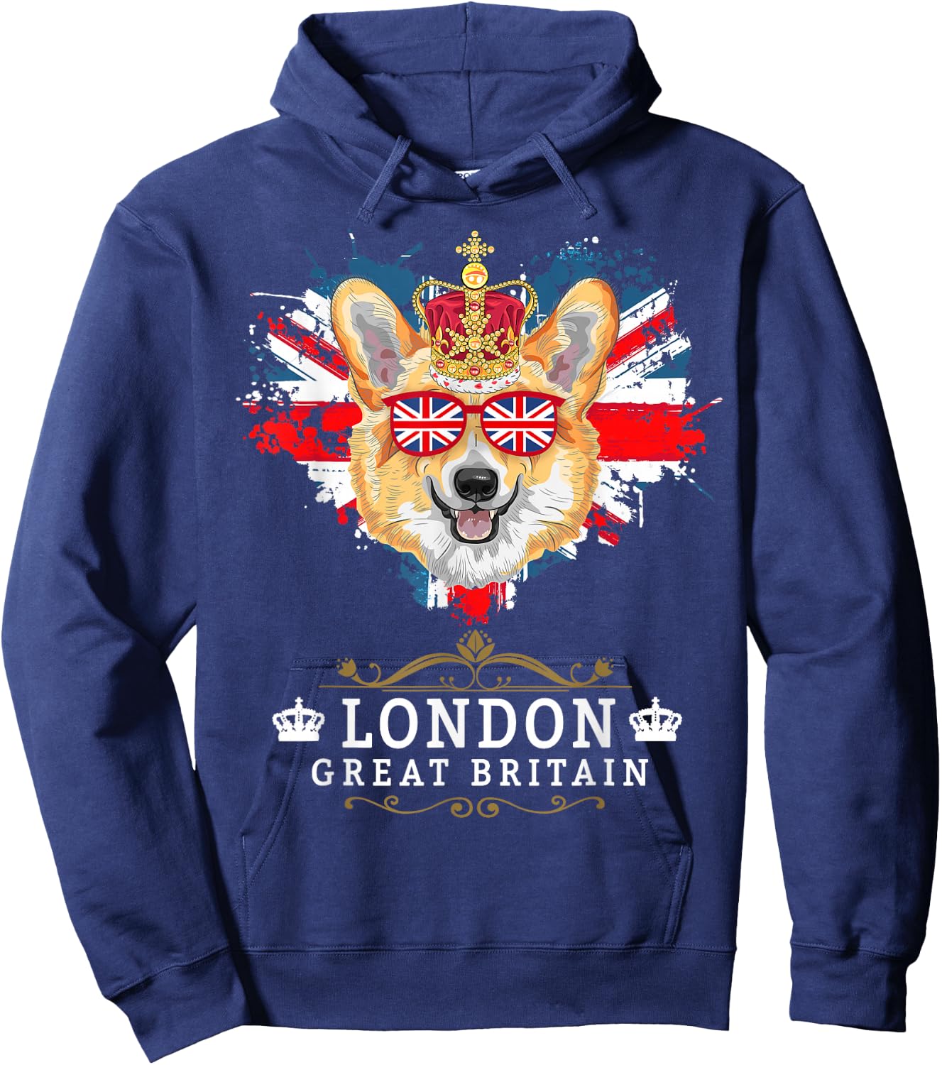 London Idea For Kids With Union Jack Flag Of England & Corgi Hoodie - Hoodie | Navy