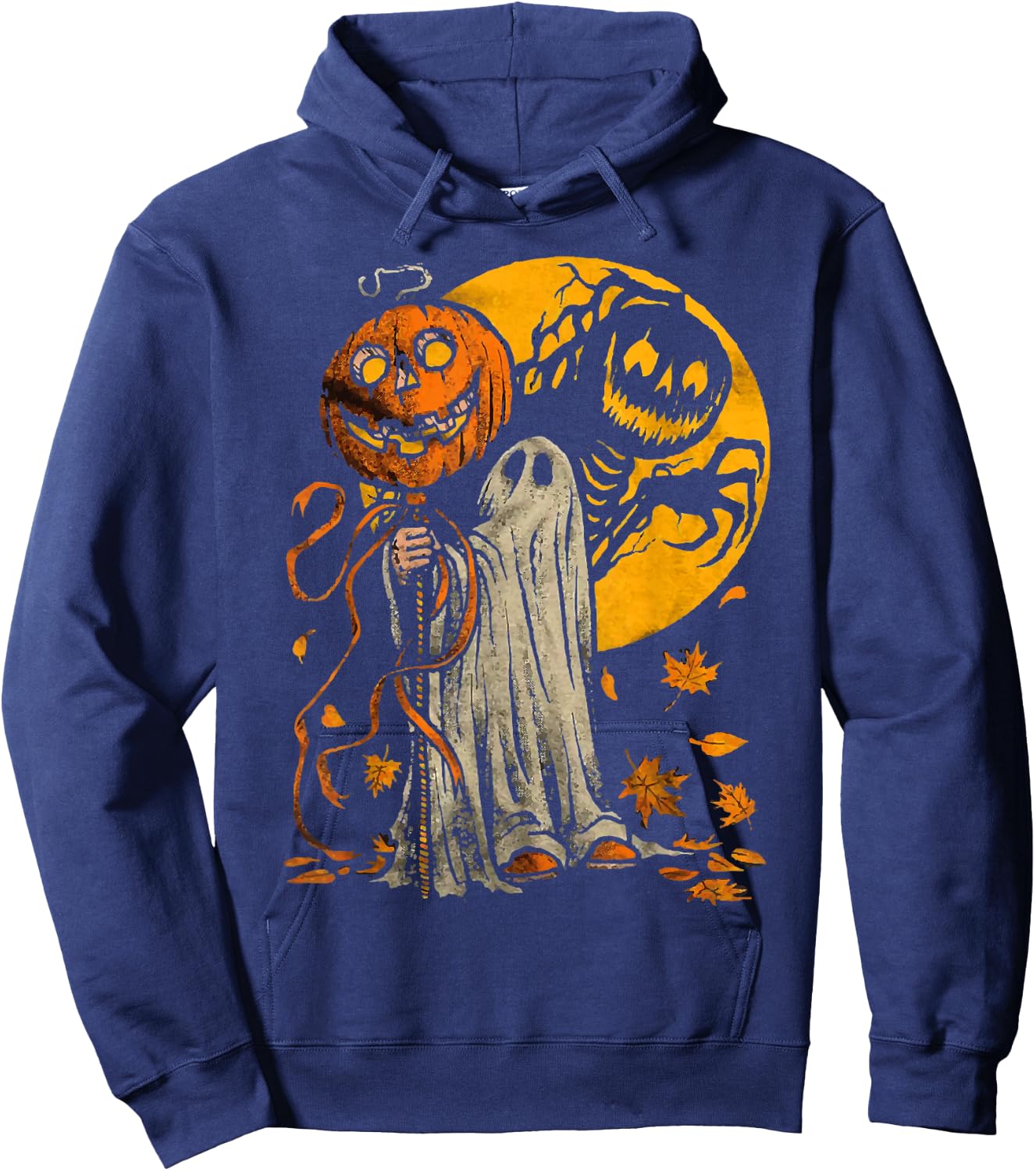 Halloween Pumpkin Ghost Autumn Leaves Graphic Art Hoodie - Hoodie | Navy