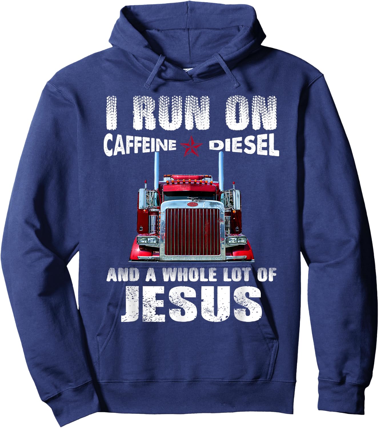 Caffeine Diesel Jesus Christian Trucker Distressed Hoodie - Hoodie | Navy