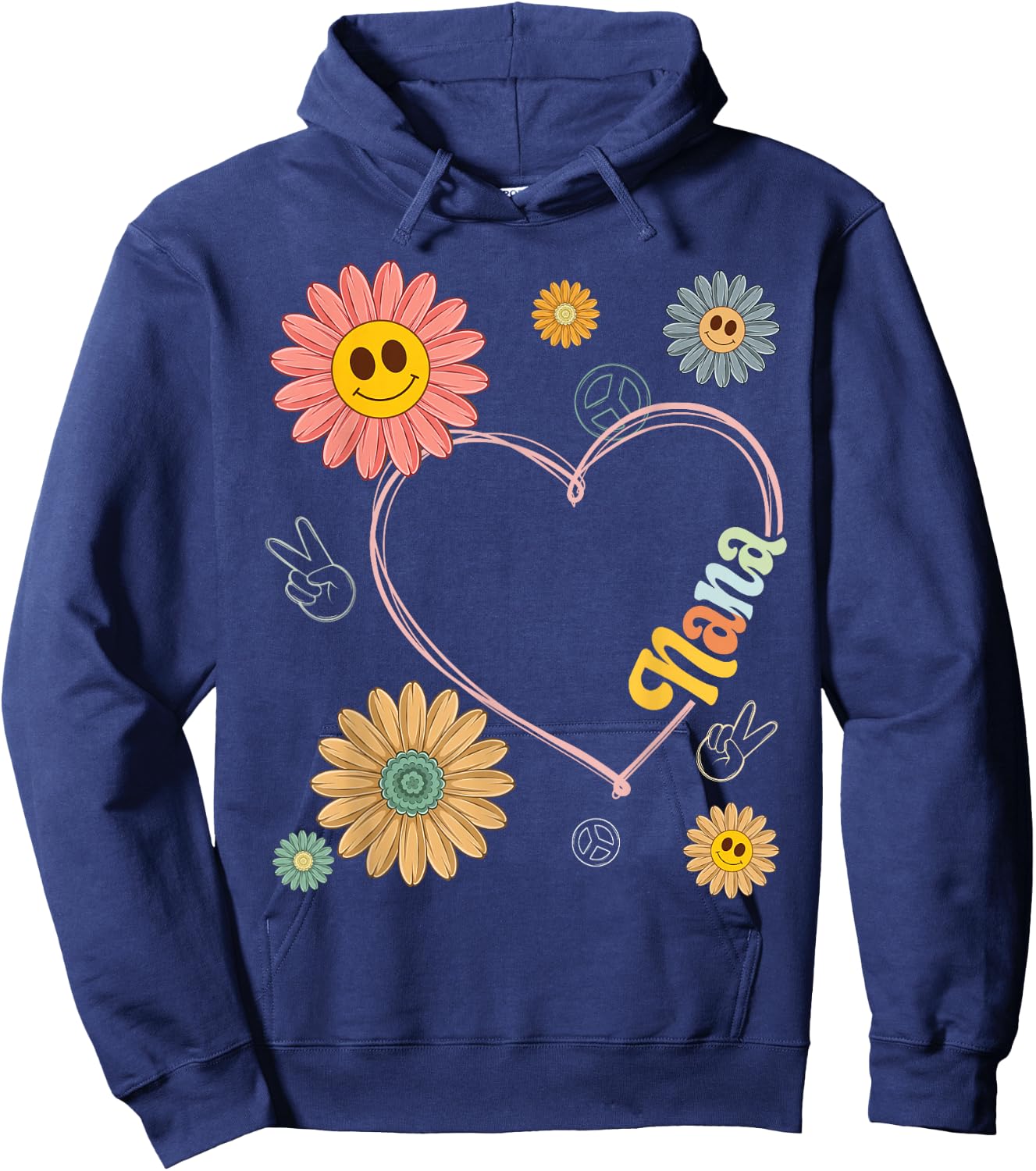 Love Heart Groovy Nana Mother's Day Women Hippie 70's Style Hoodie - Hoodie | Navy