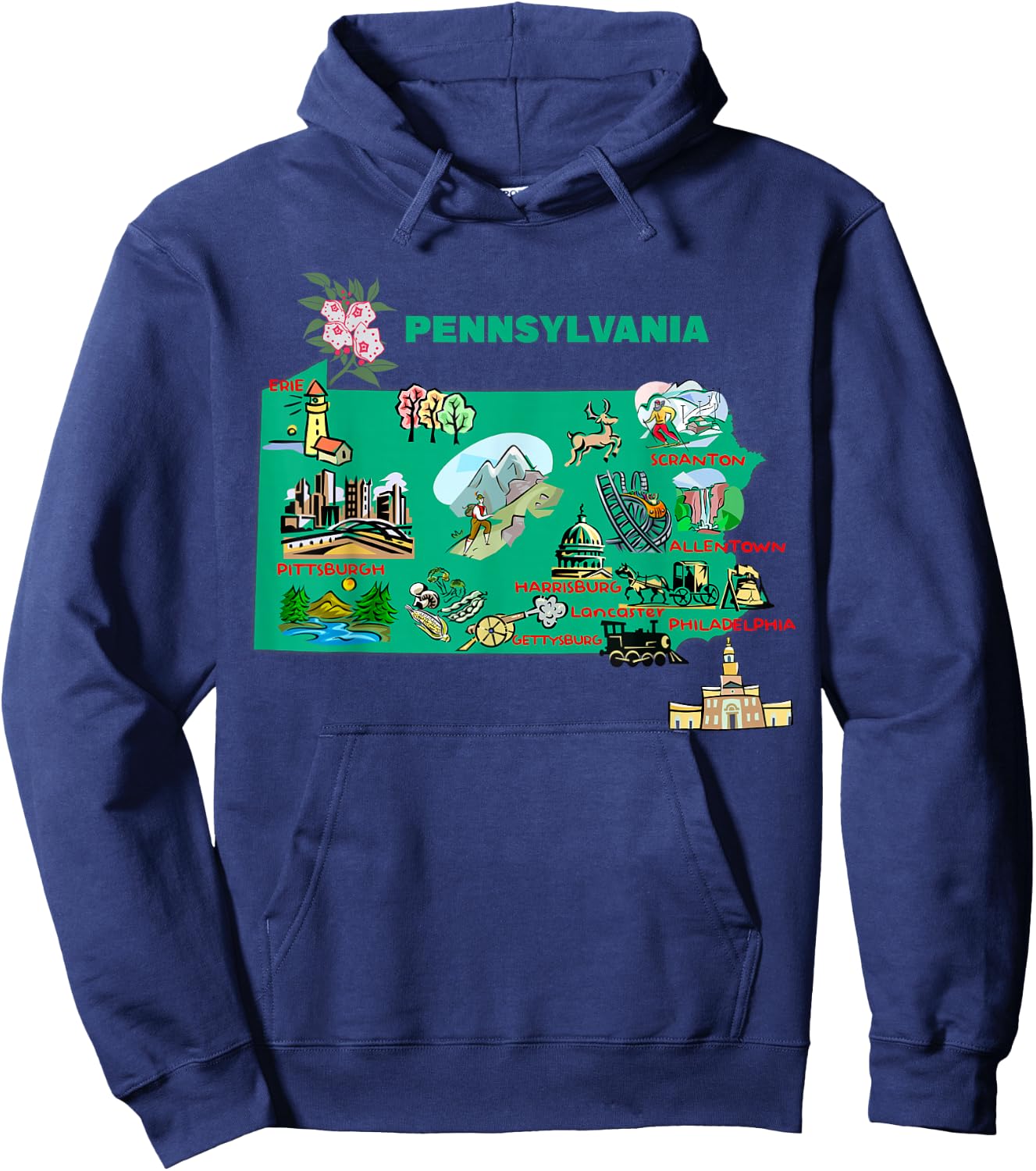 tourism map of Pennsylvania state, USA, major cities, flag Hoodie - Hoodie | Navy