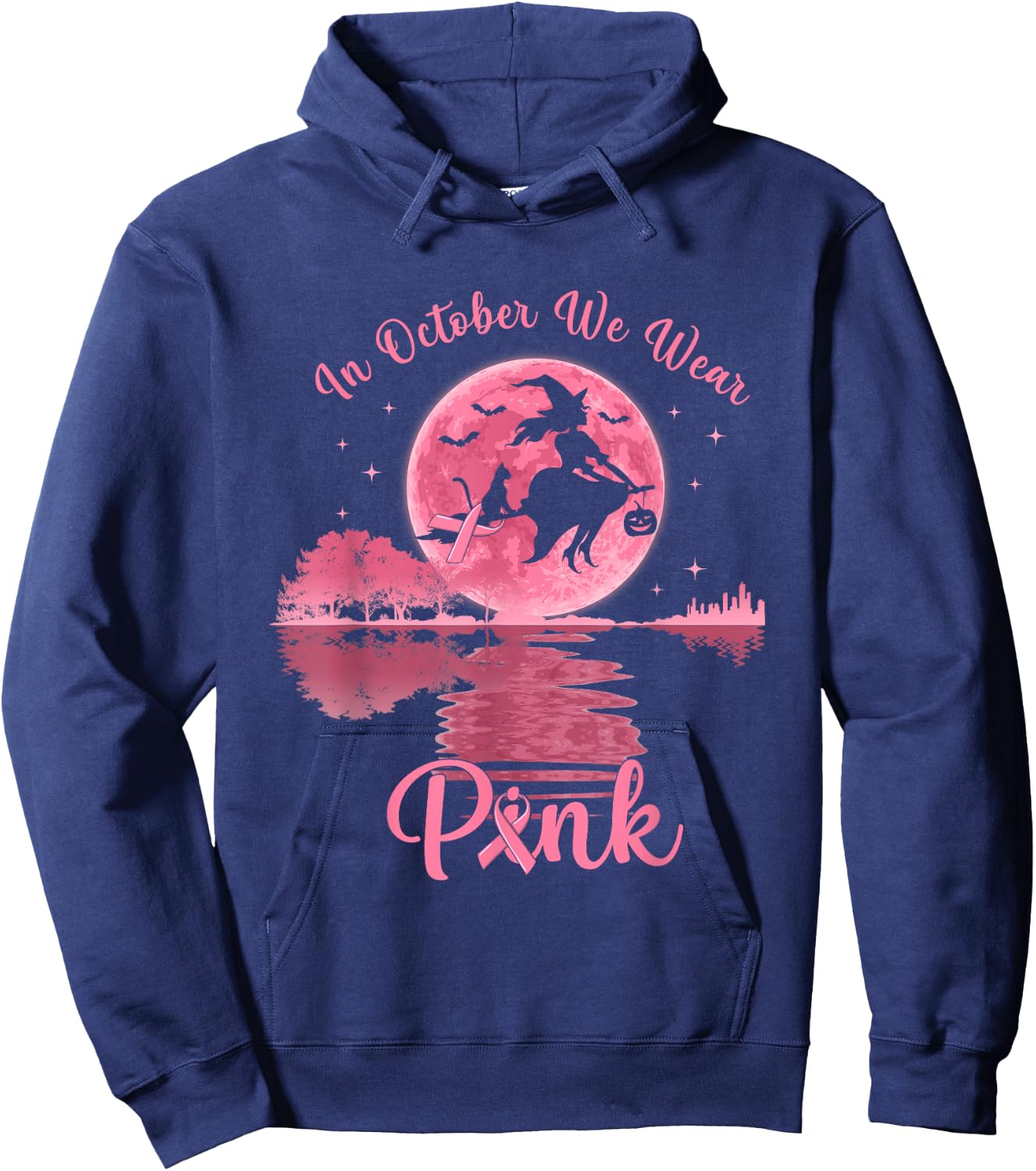 In October We Wear Pink Witch Breast Cancer Awareness Hoodie - Hoodie | Navy