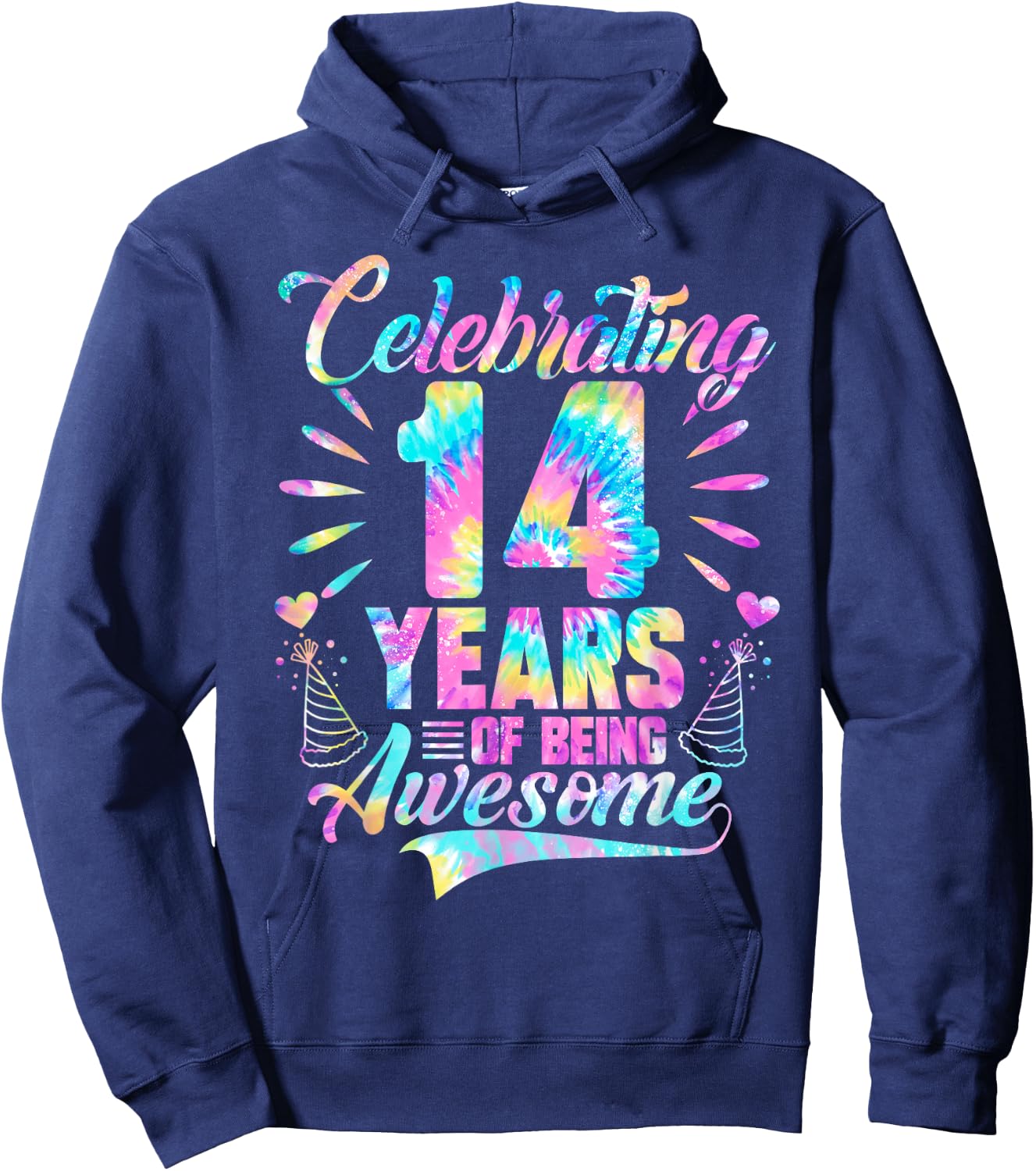 Celebrating 14 Year Of Being Awesome With Tie-dye Graphic Hoodie - Hoodie | Navy