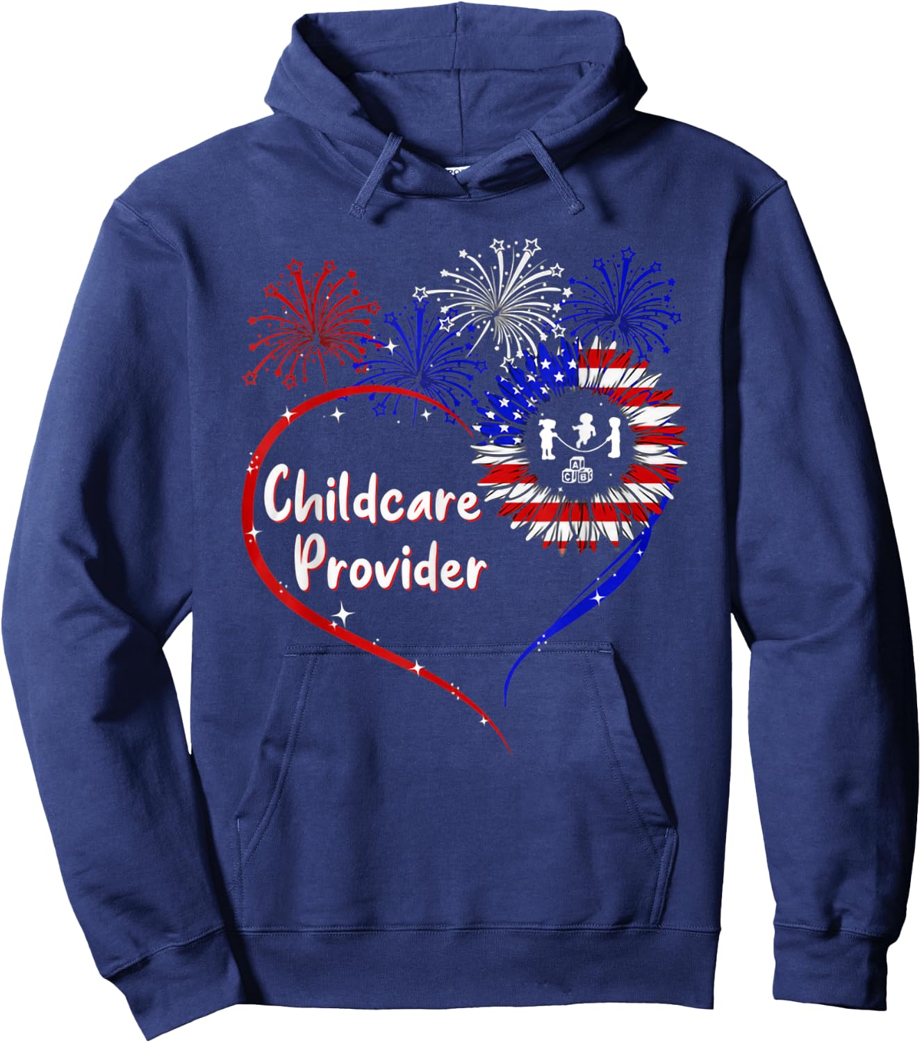 childcare provider american flag heart 4th of July Hoodie - Hoodie | Navy