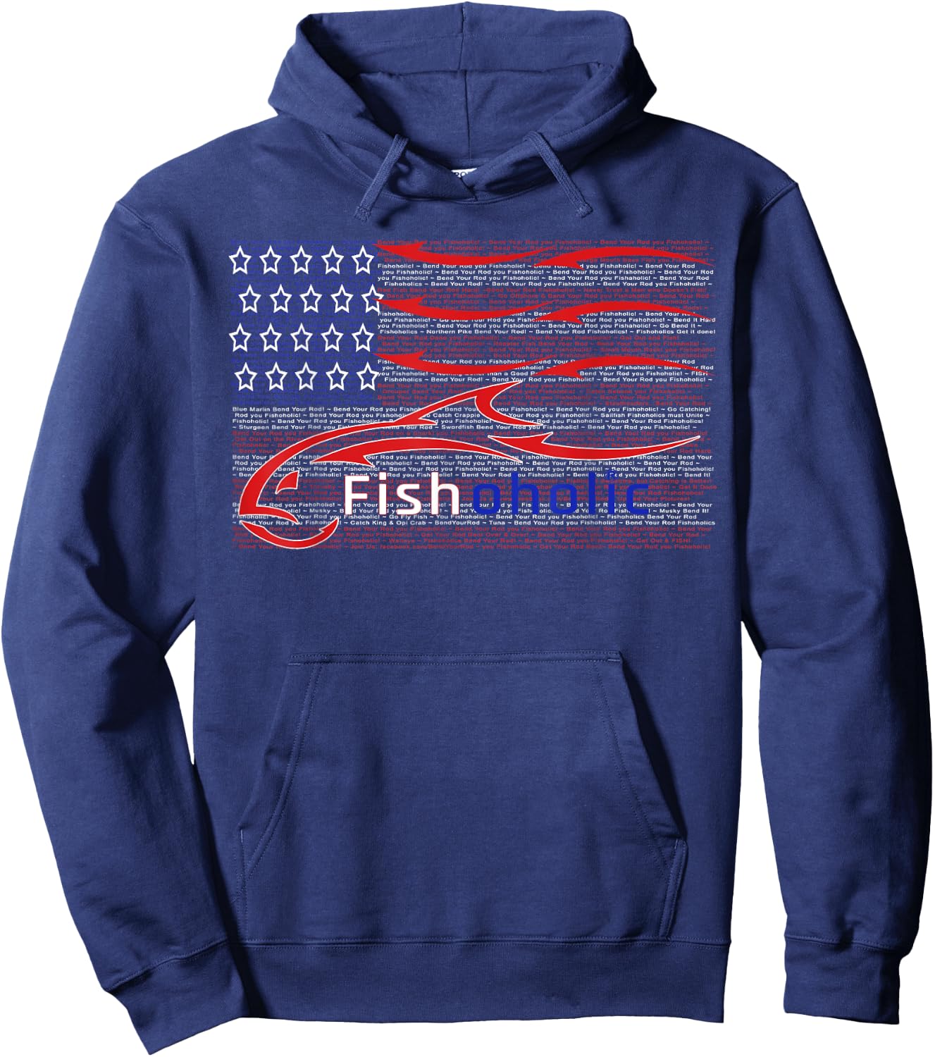 USA Flag Patriotic Fish Logo with Hidden Fishing Words Hoodie - Hoodie | Navy
