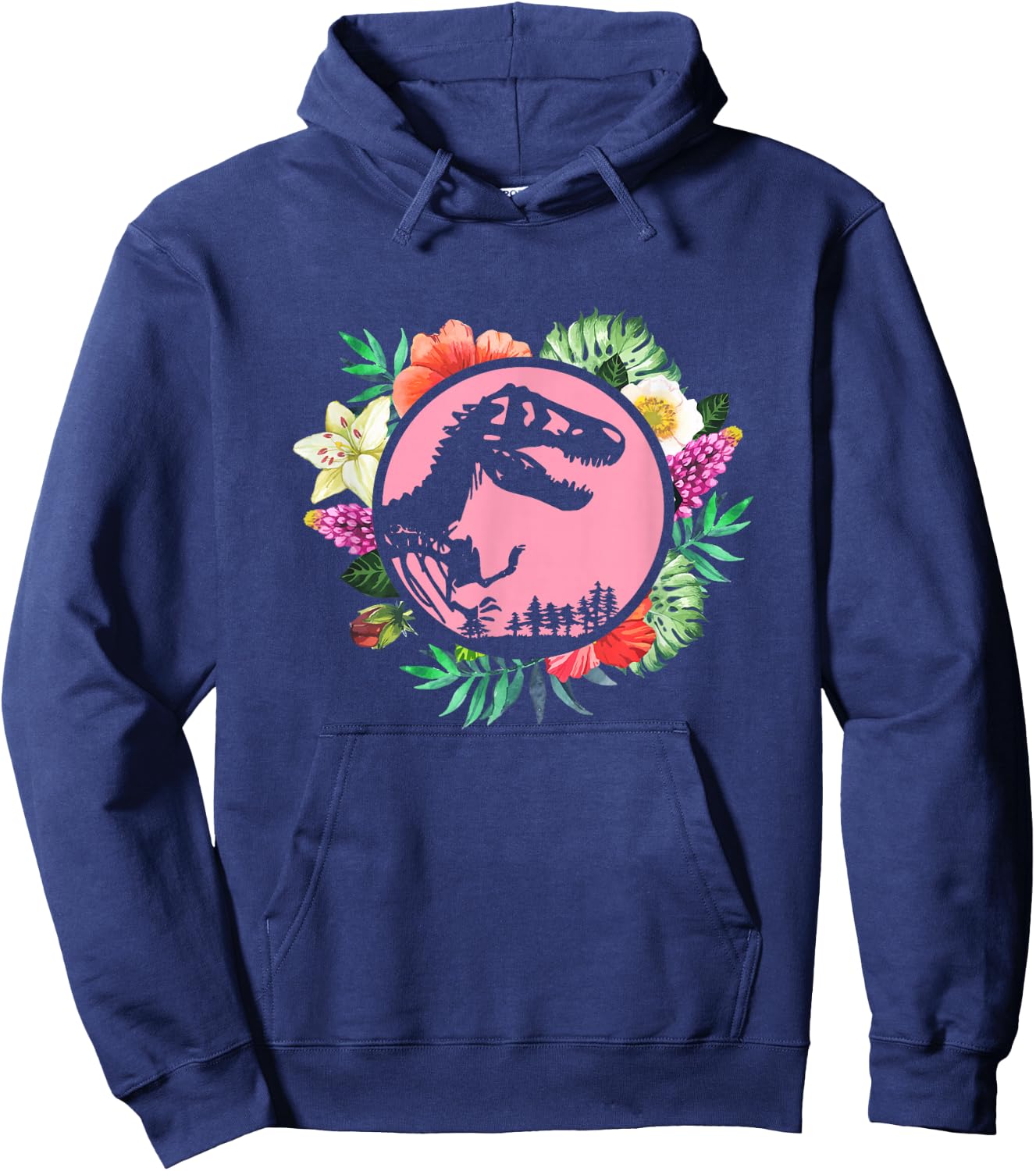 Floral Tropical Hawaiian Pattern T Rex Dinosaur Hoodie - Hoodie | Navy