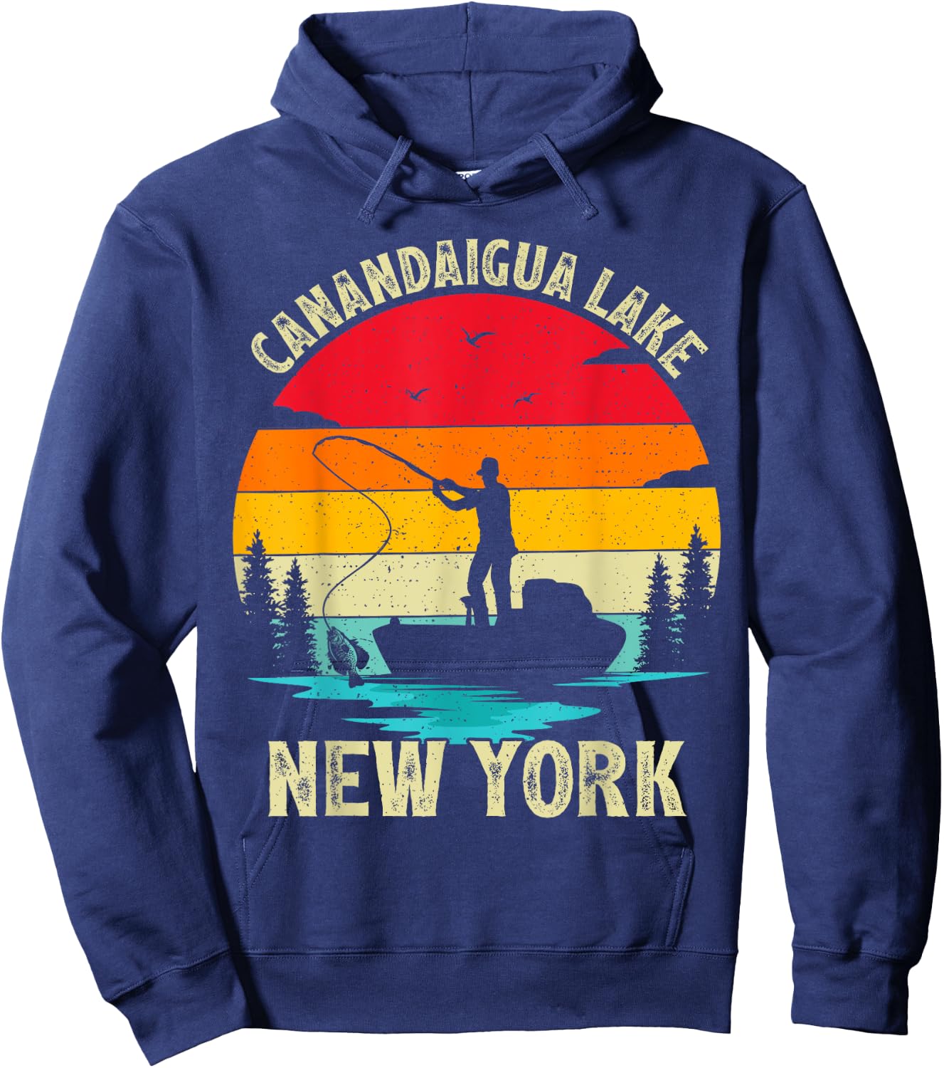 Summer Vacation Fishing Vintage New York Canandaigua Lake Hoodie - Hoodie | Navy