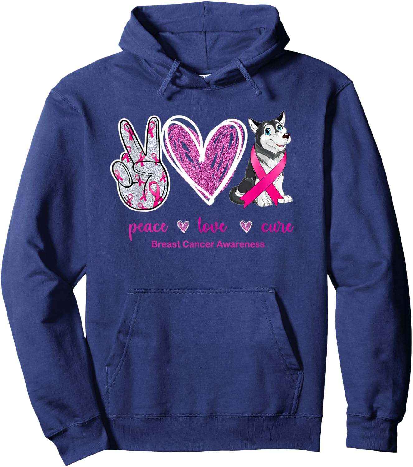 Peace Love Cure Husky Dog Breast Cancer Awareness Women Hoodie - Hoodie | Navy