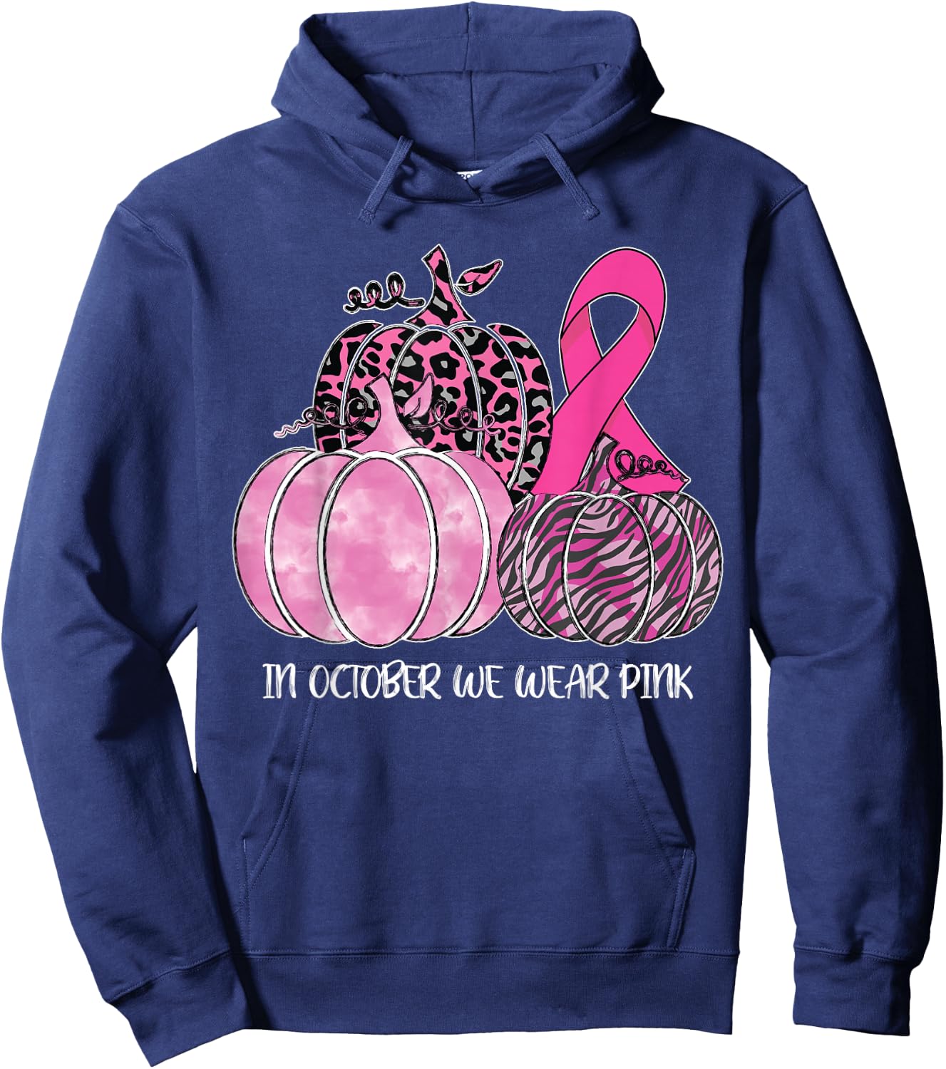 In October We Wear Pink Ribbon Pumpkin Breast Cancer Hoodie - Hoodie | Navy