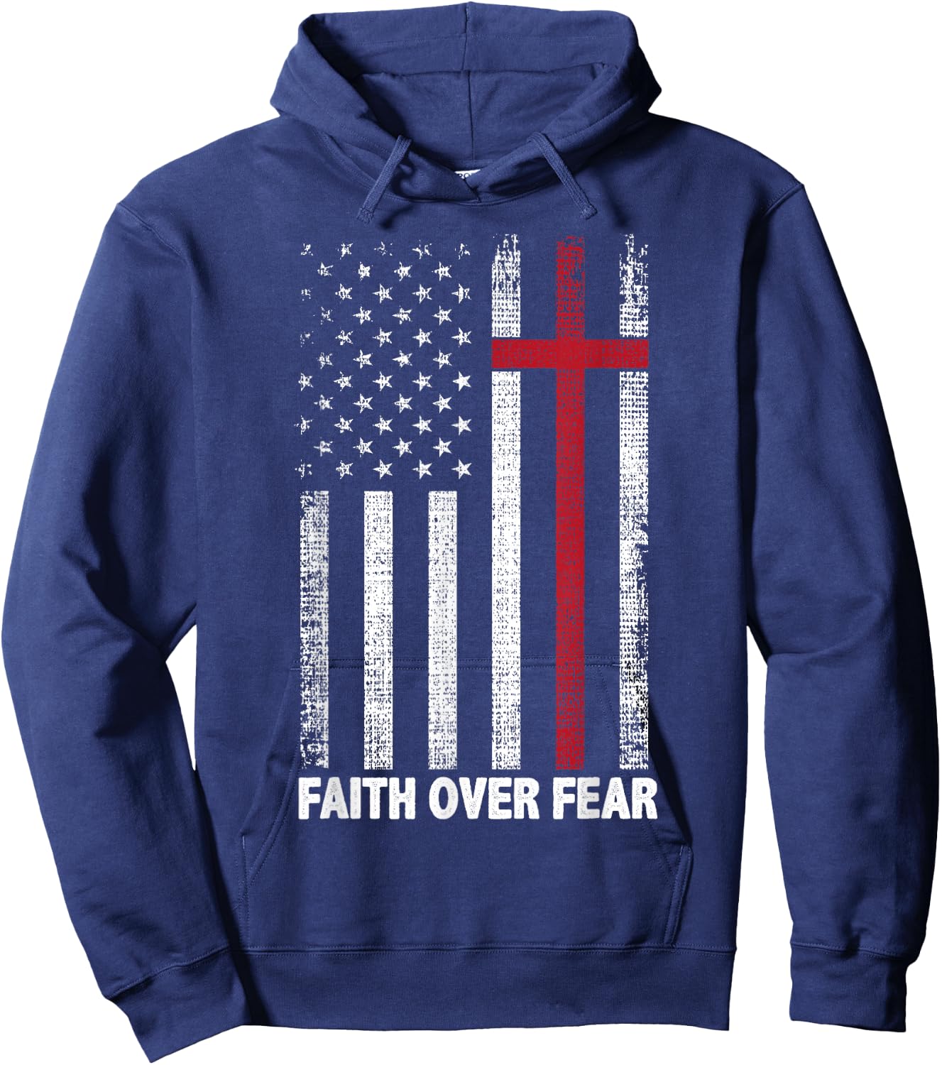Faith Over Fear Patriotic Christian Cross American Flag Hoodie - Hoodie | Navy