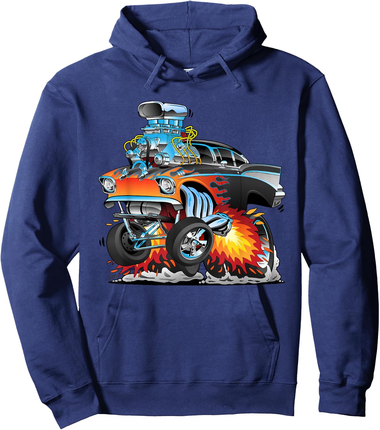 Funny Classic Hotrod Fifties Drag Racing Muscle Car Cartoon Hoodie - Hoodie | Navy