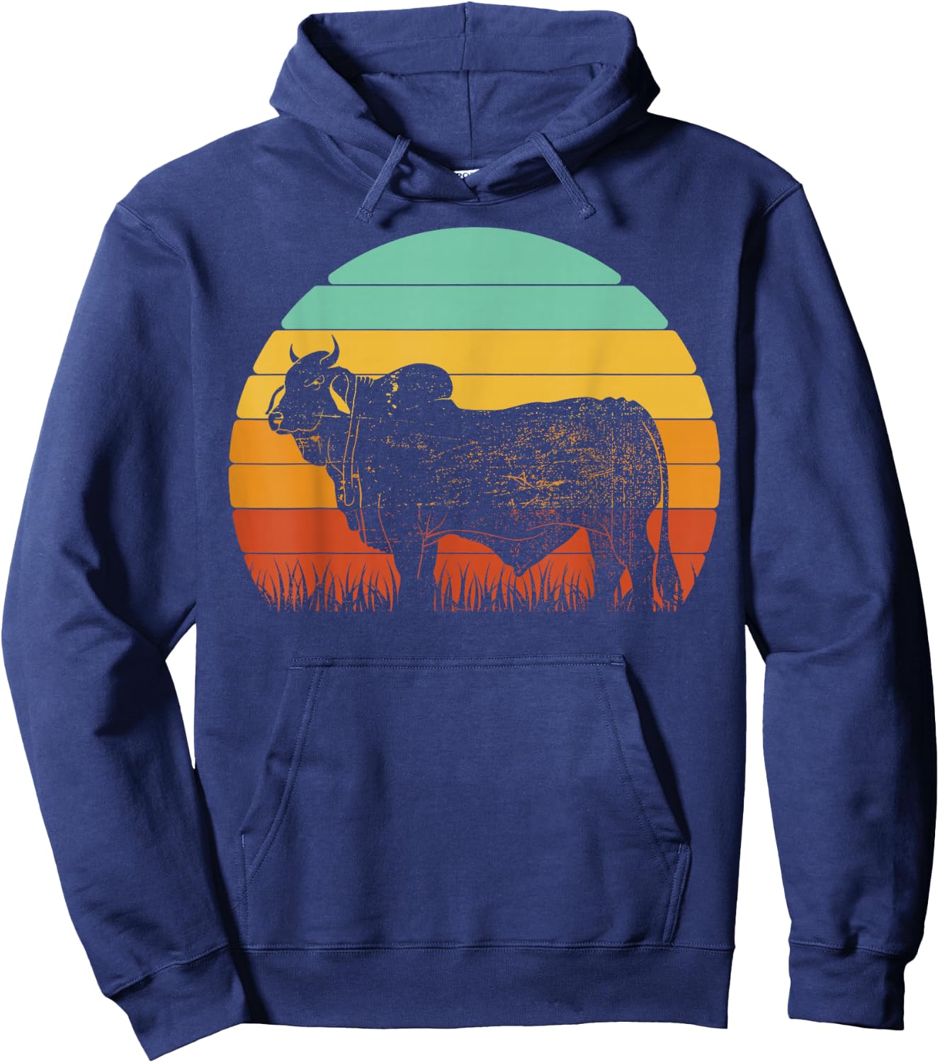 Retro Sunset Cow Farmer Brahman Cattle Hoodie - Hoodie | Navy