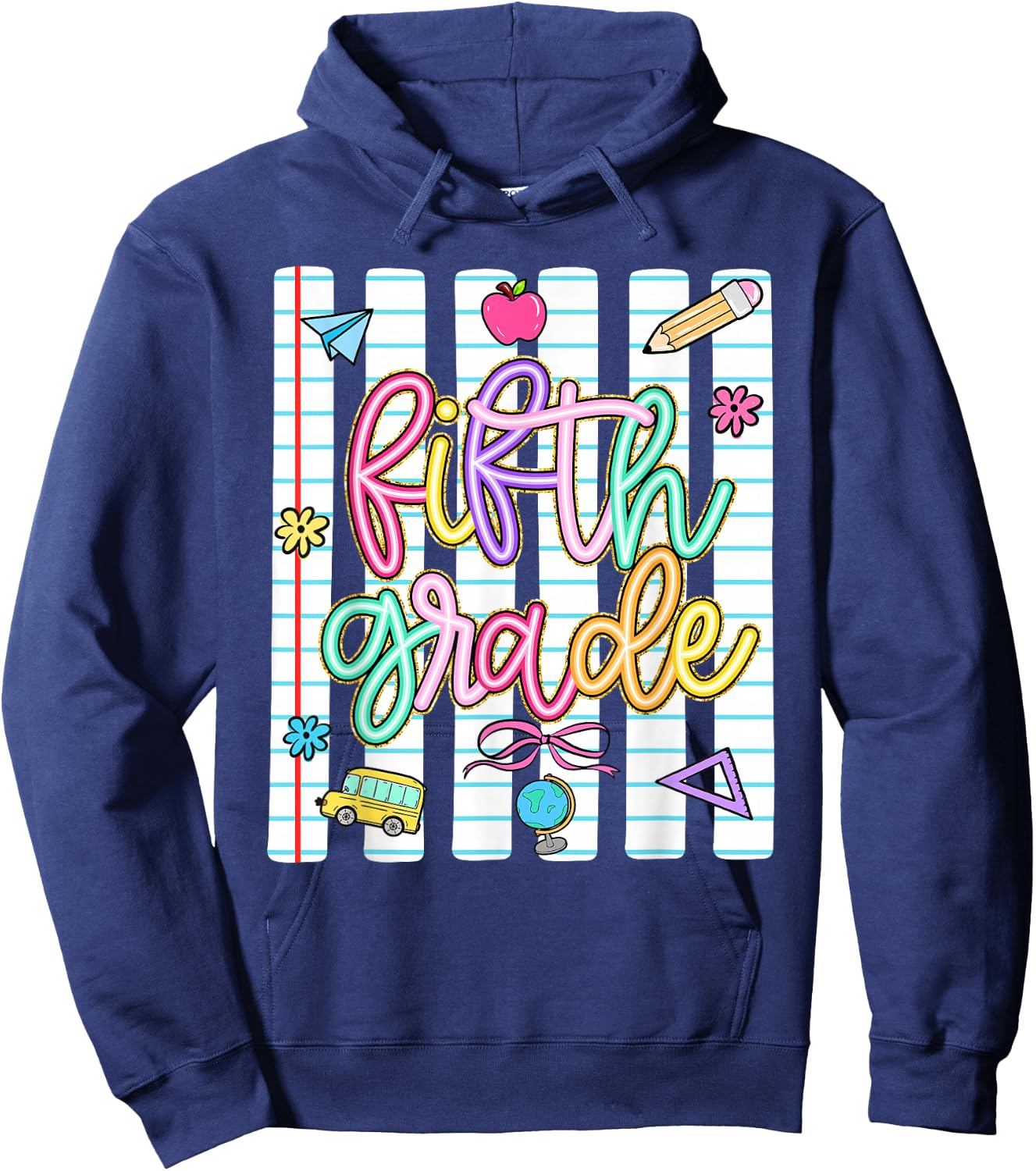 Striped Preppy Fifth Grade Back to School Teacher Girl Kids Hoodie - Hoodie | Navy