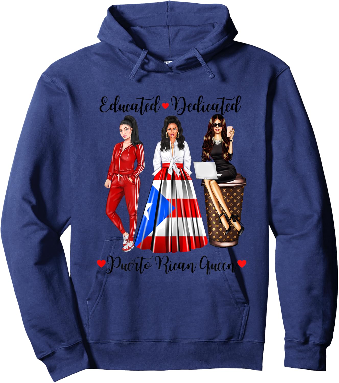 Educated Dedicated Puerto Rico Queen Flag Coffee Rican Woman Hoodie - Hoodie | Navy