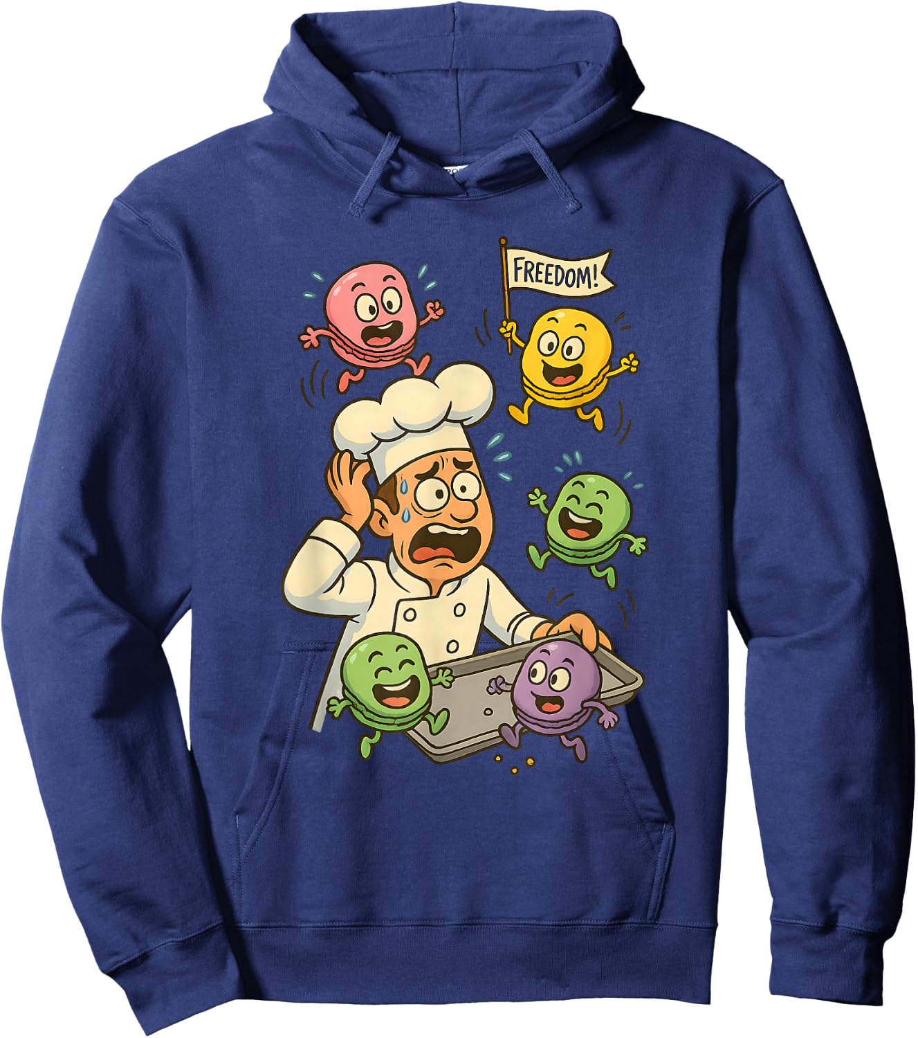 Funny Cartoon Chef & Escaping Macarons Baking Humor Hoodie - Hoodie | Navy