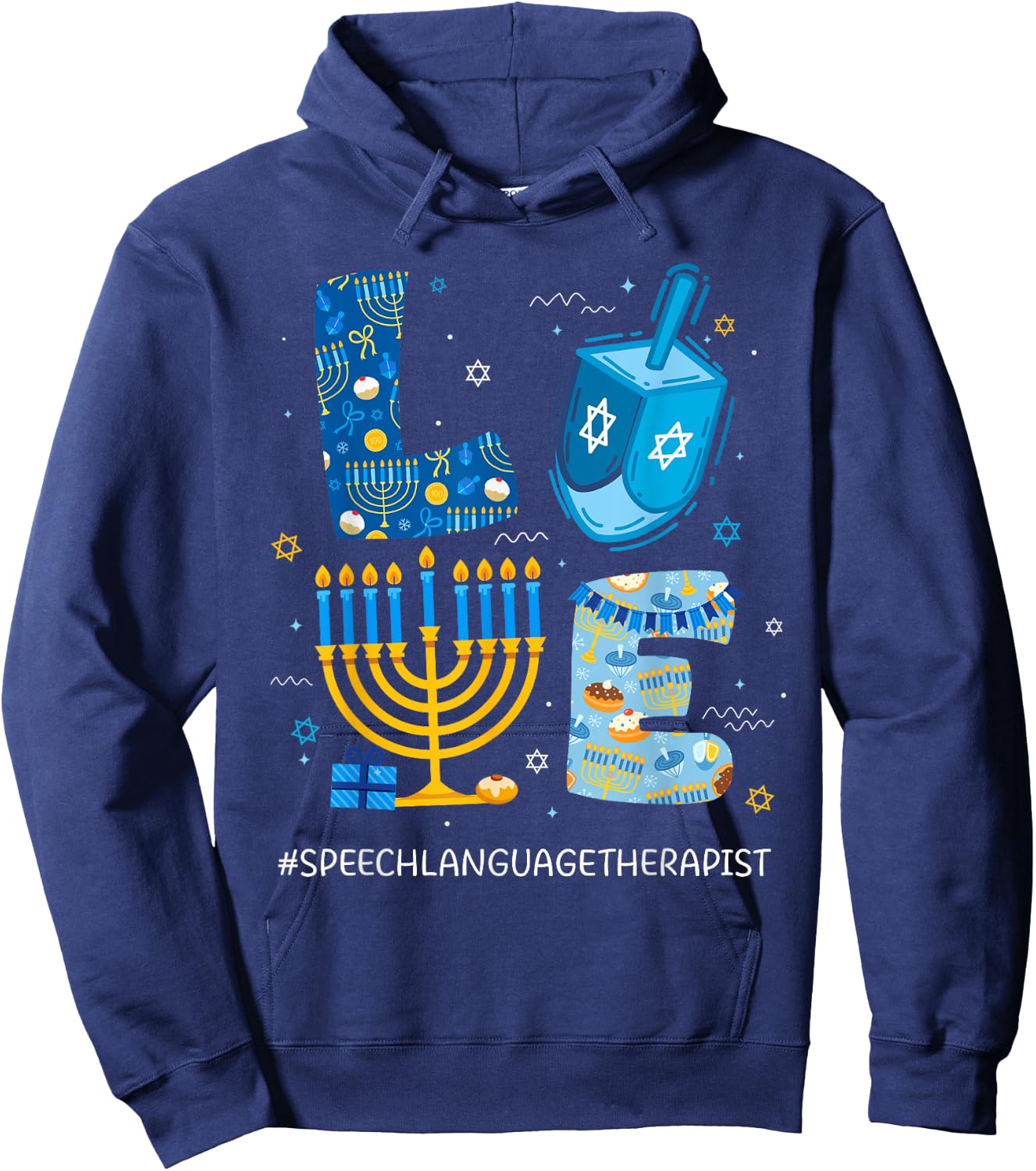 Funny LOVE Speech Language Therapist Menorah Jewish Hanukkah Hoodie - Hoodie | Navy