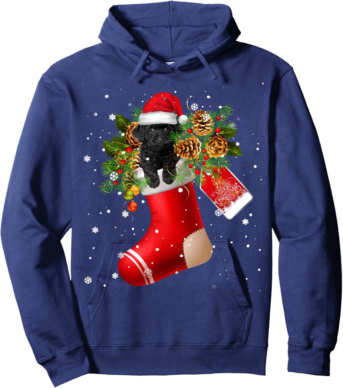 Santa Black Toy Poodle In Christmas Sock Pajama Hoodie - Hoodie | Navy